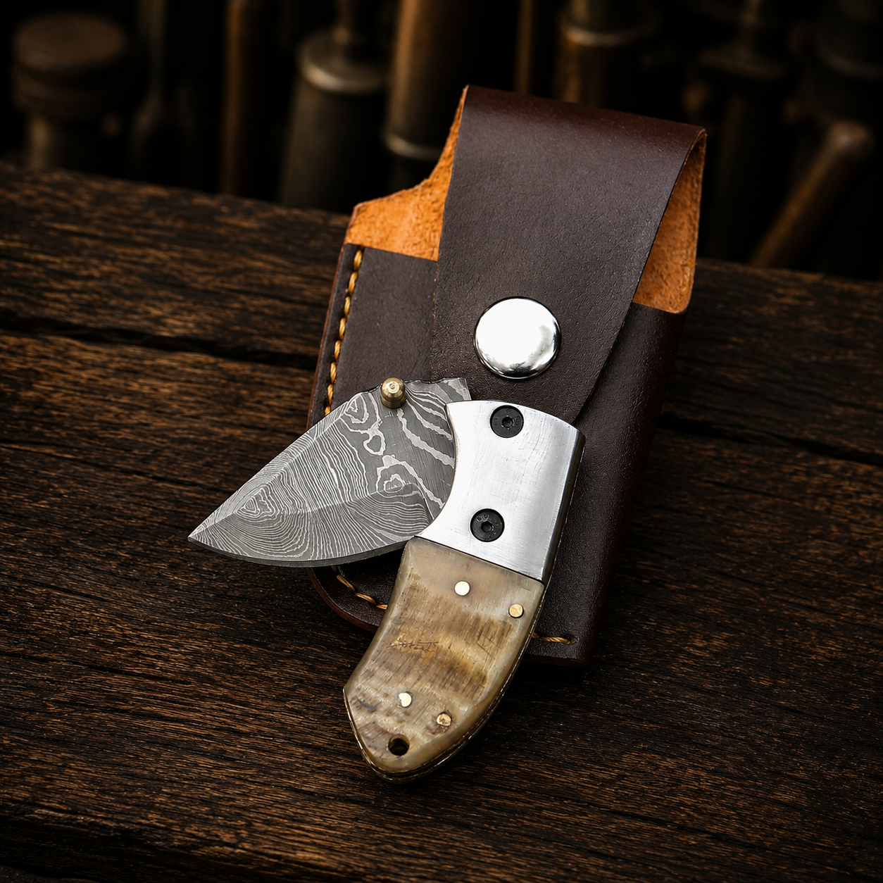 Handmade Damascus Mini Pocket Knife, Ram Horn Handle, Small Folding Knife, Groomsman Gift Birthday Gift