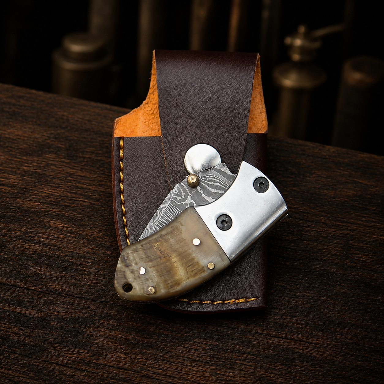Handmade Damascus Mini Pocket Knife, Ram Horn Handle, Small Folding Knife, Groomsman Gift Birthday Gift