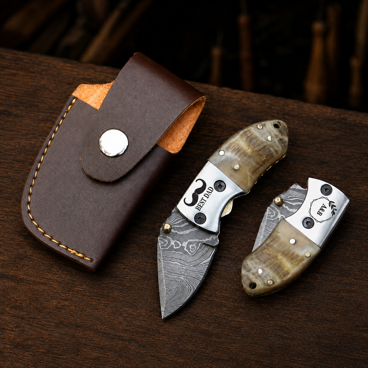 Handmade Damascus Mini Pocket Knife, Ram Horn Handle, Small Folding Knife, Groomsman Gift Birthday Gift