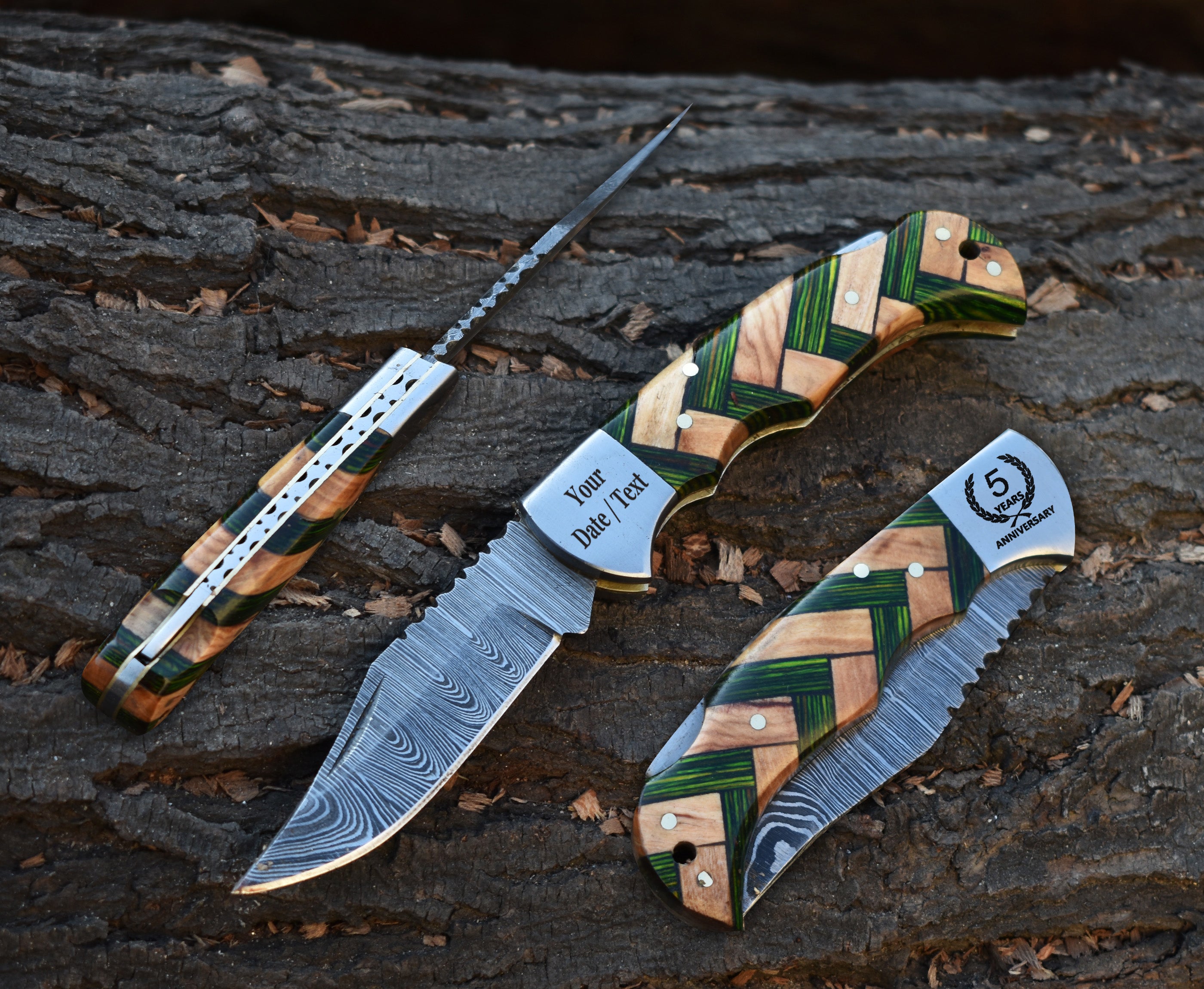 6.5" Handmade Damascus Steel Folding Knife Green Pakka Wood & Olive wood Handle Back Lock Pocket Knife With Leather Pouch Personalized Gift for Men.