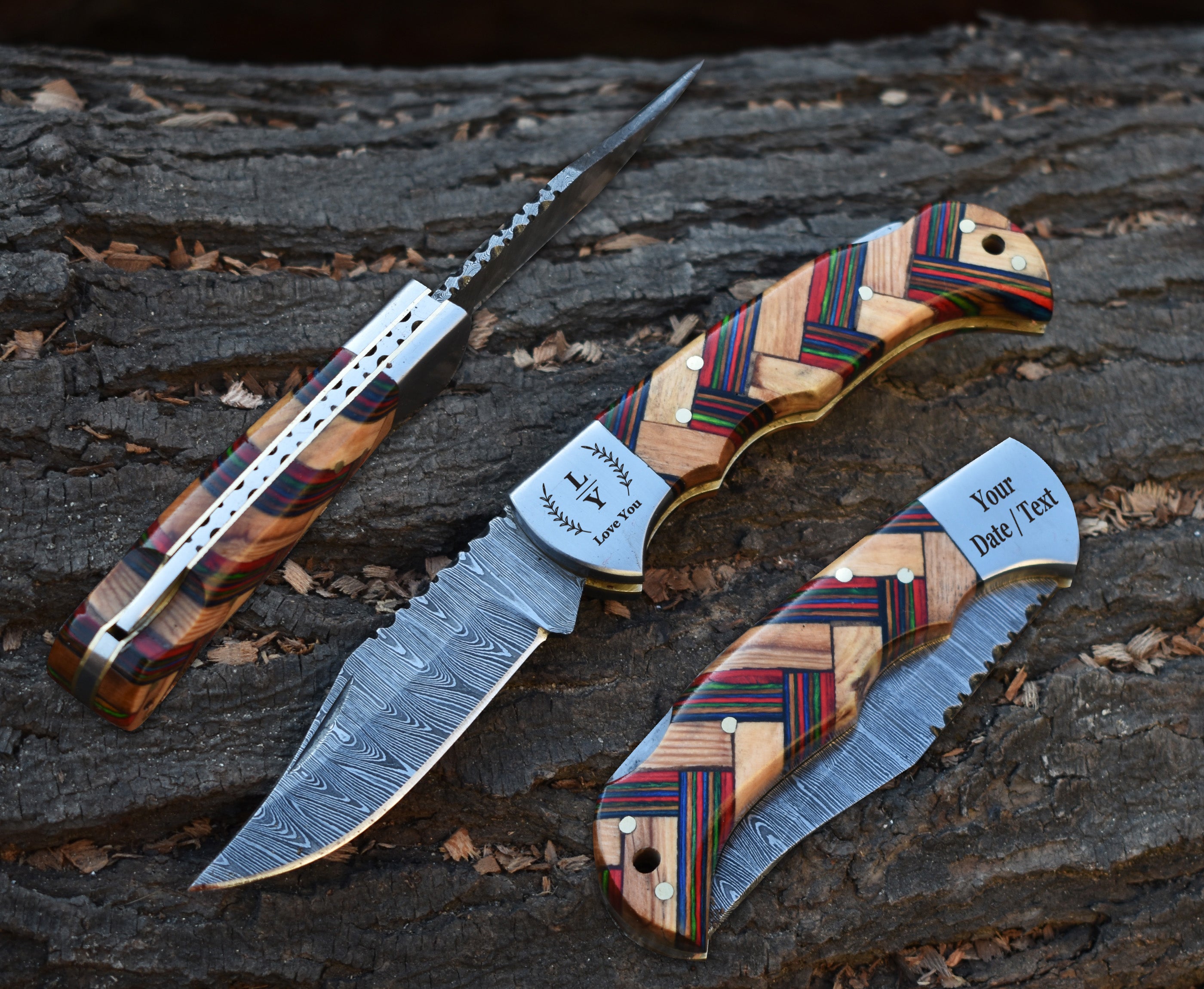 6.5" Handmade Damascus Steel Folding Knife Multi Color Pakka Wood & Olive wood Handle Back Lock Pocket Knife With Leather Pouch Personalized Gift for Men.