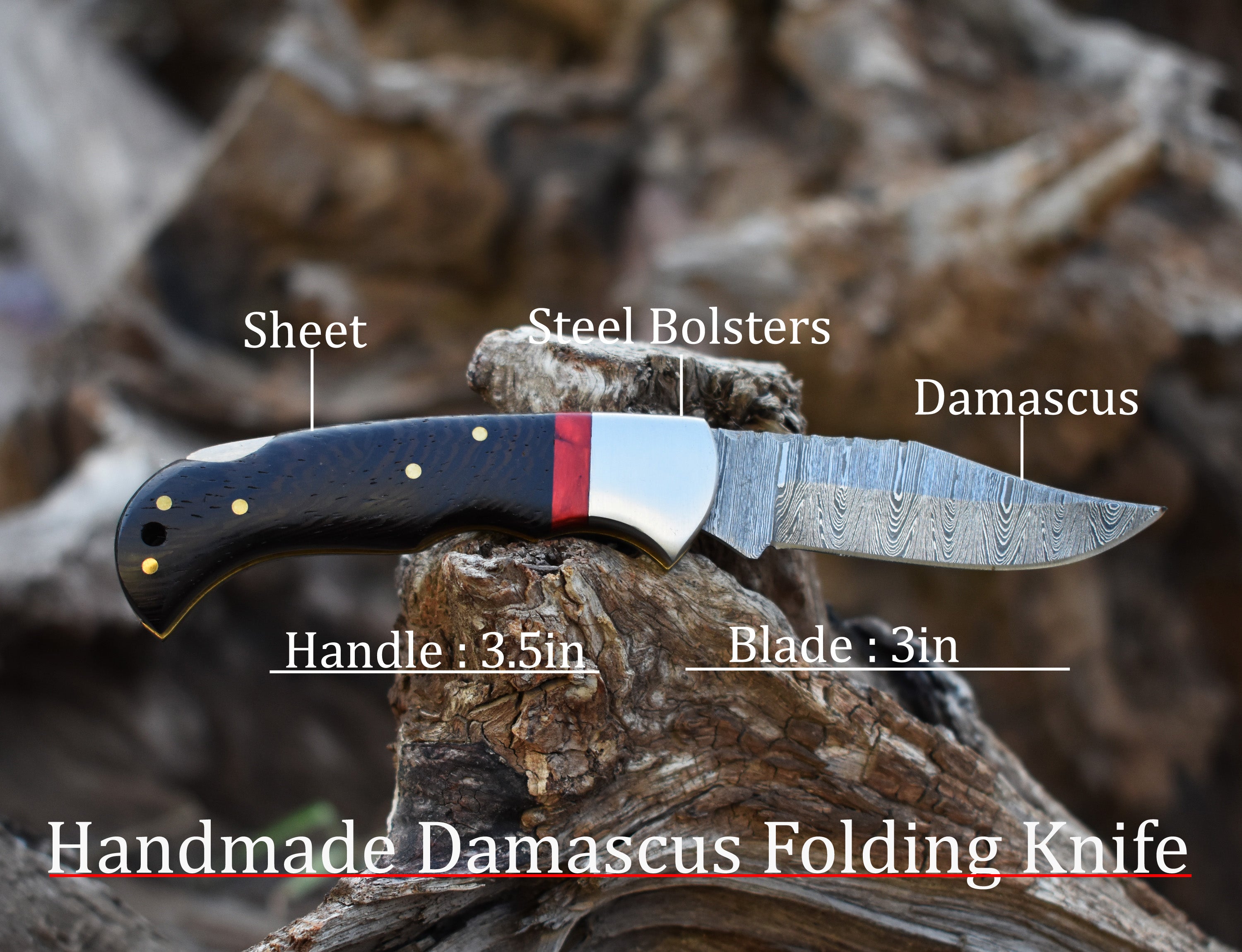 6.8" Handmade Damascus Steel Folding Knife Wangi wood Handle Back Lock Pocket Knife With Leather Pouch Personalized Gift for Men.