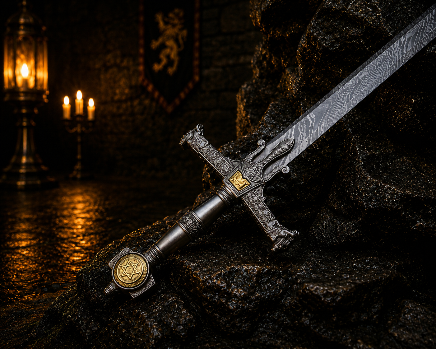 Handmade Forged Crown Sword Engraved Blade, Medieval Decorative Damascus Sword for Display Halloween Christmas gift