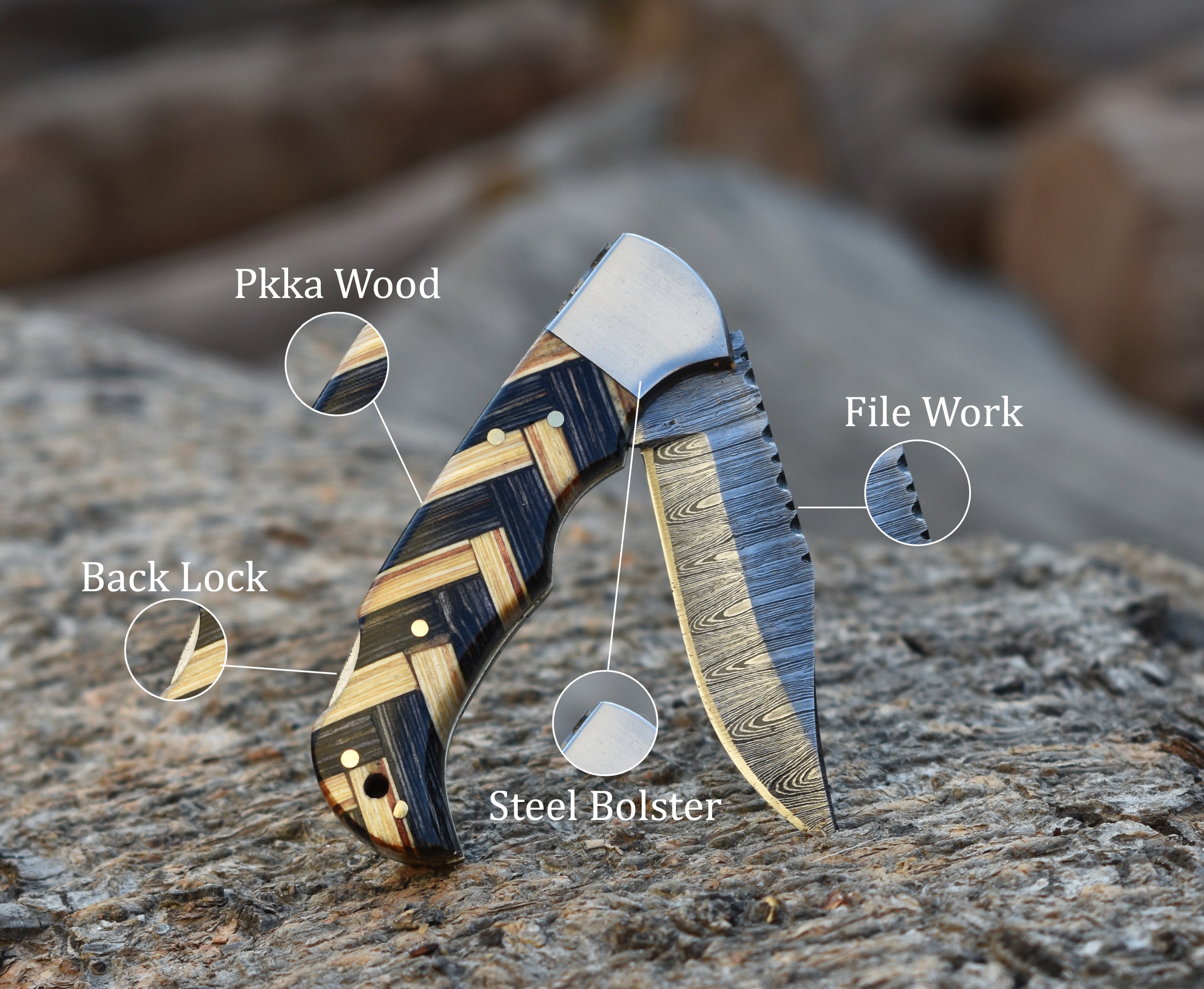 6.5" Handmade Damascus Steel Folding Knife Grey Pakka Wood & Olive wood Handle Back Lock Pocket Knife With Leather Pouch Personalized Gift for Men.