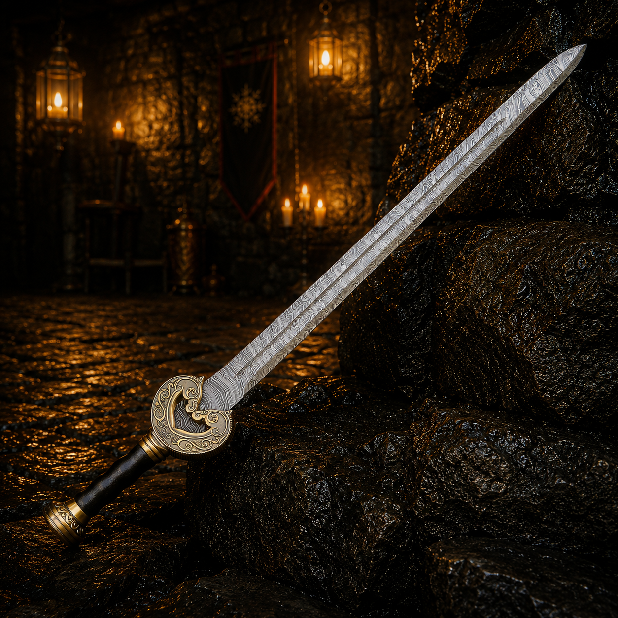 Personalized Golden Arc Viking Sword Engraved Blade, Medieval Decorative Damascus Sword for Display Halloween Christmas gift