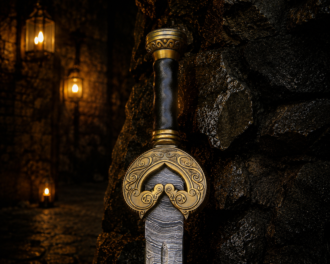 Personalized Golden Arc Viking Sword Engraved Blade, Medieval Decorative Damascus Sword for Display Halloween Christmas gift