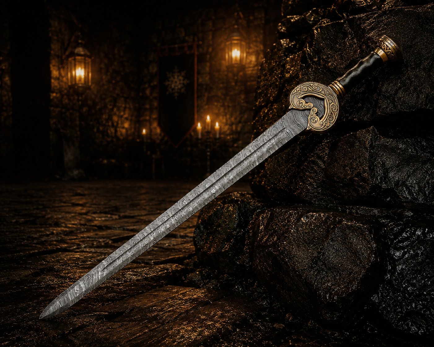Personalized Golden Arc Viking Sword Engraved Blade, Medieval Decorative Damascus Sword for Display Halloween Christmas gift