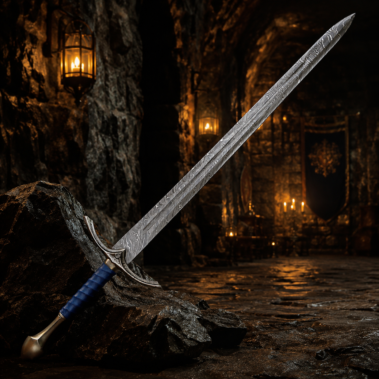 Personalized Blue Azure Viking Sword Engraved Blade, Medieval Decorative Damascus Sword for Display Halloween Christmas gift