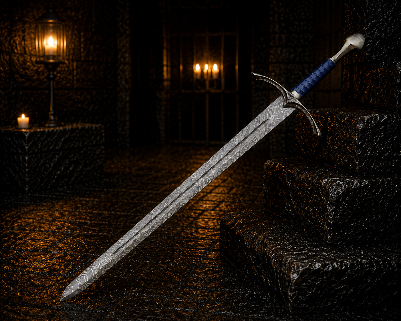 Personalized Blue Azure Viking Sword Engraved Blade, Medieval Decorative Damascus Sword for Display Halloween Christmas gift