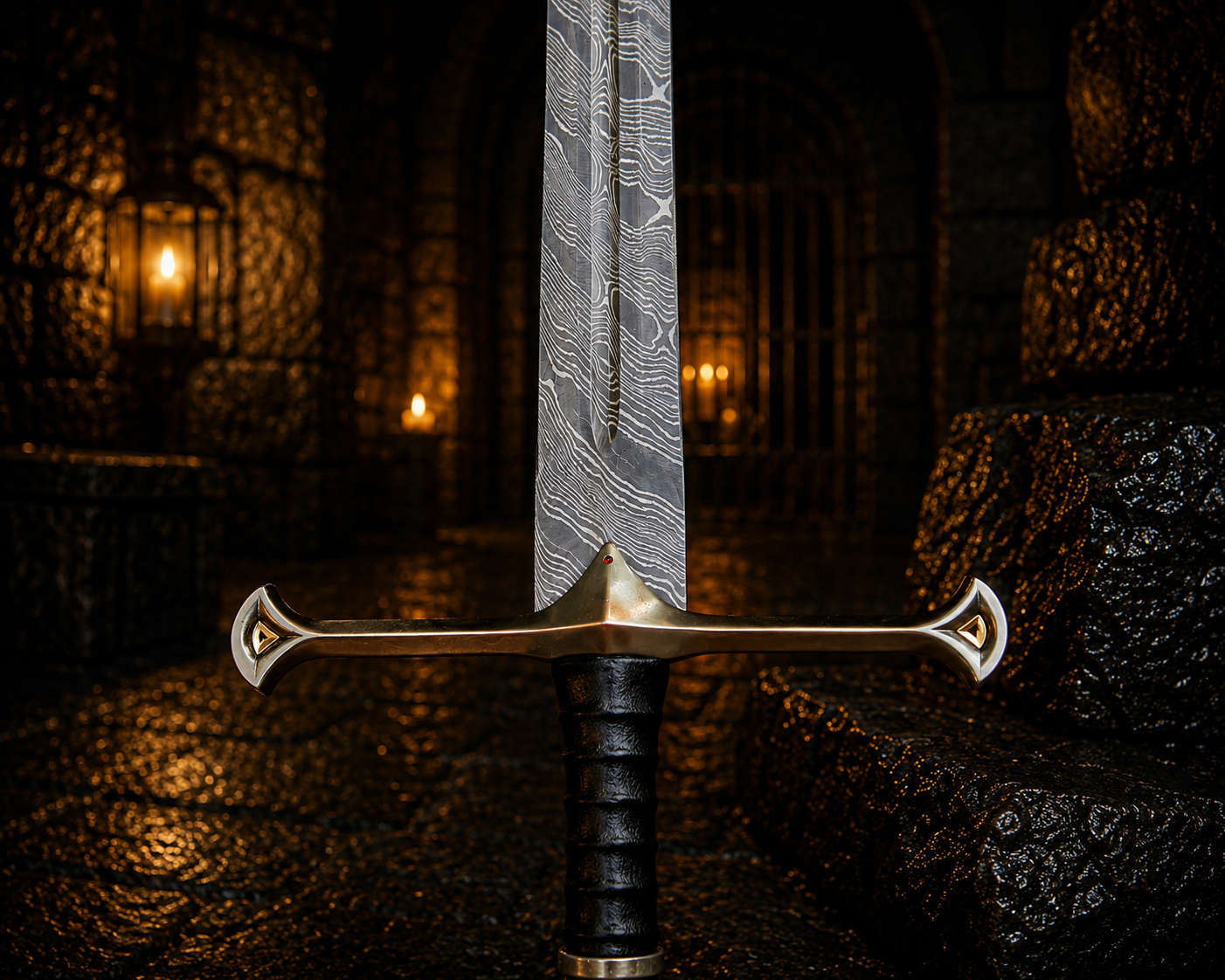 Handmade Iron Warden Damascus Sword Engraved Blade, Medieval Fantasy Collectible Display Anniversary Gift for Men Halloween Costume Gift