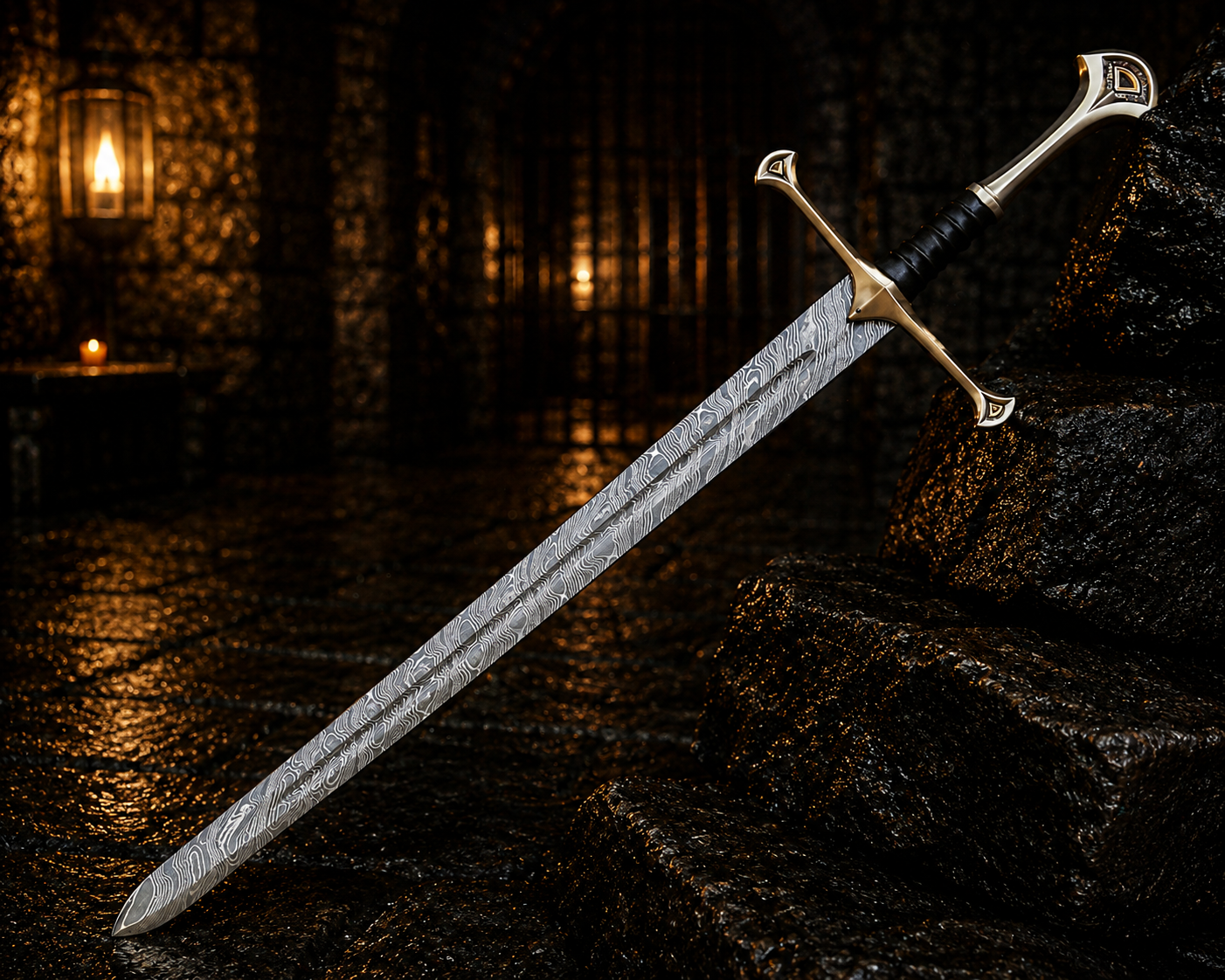Handmade Iron Warden Damascus Sword Engraved Blade, Medieval Fantasy Collectible Display Anniversary Gift for Men Halloween Costume Gift