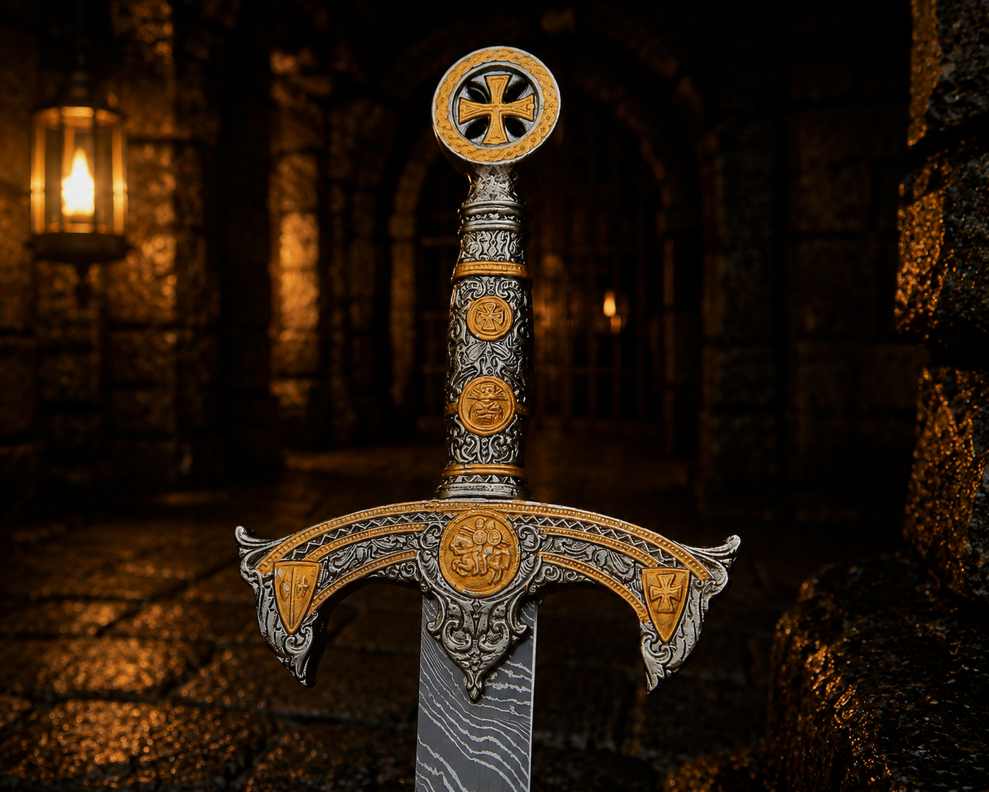 Handmade Oath Keeper Damascus Sword Engraved Blade, Medieval Decorative Sword for Display Halloween Costume Gift