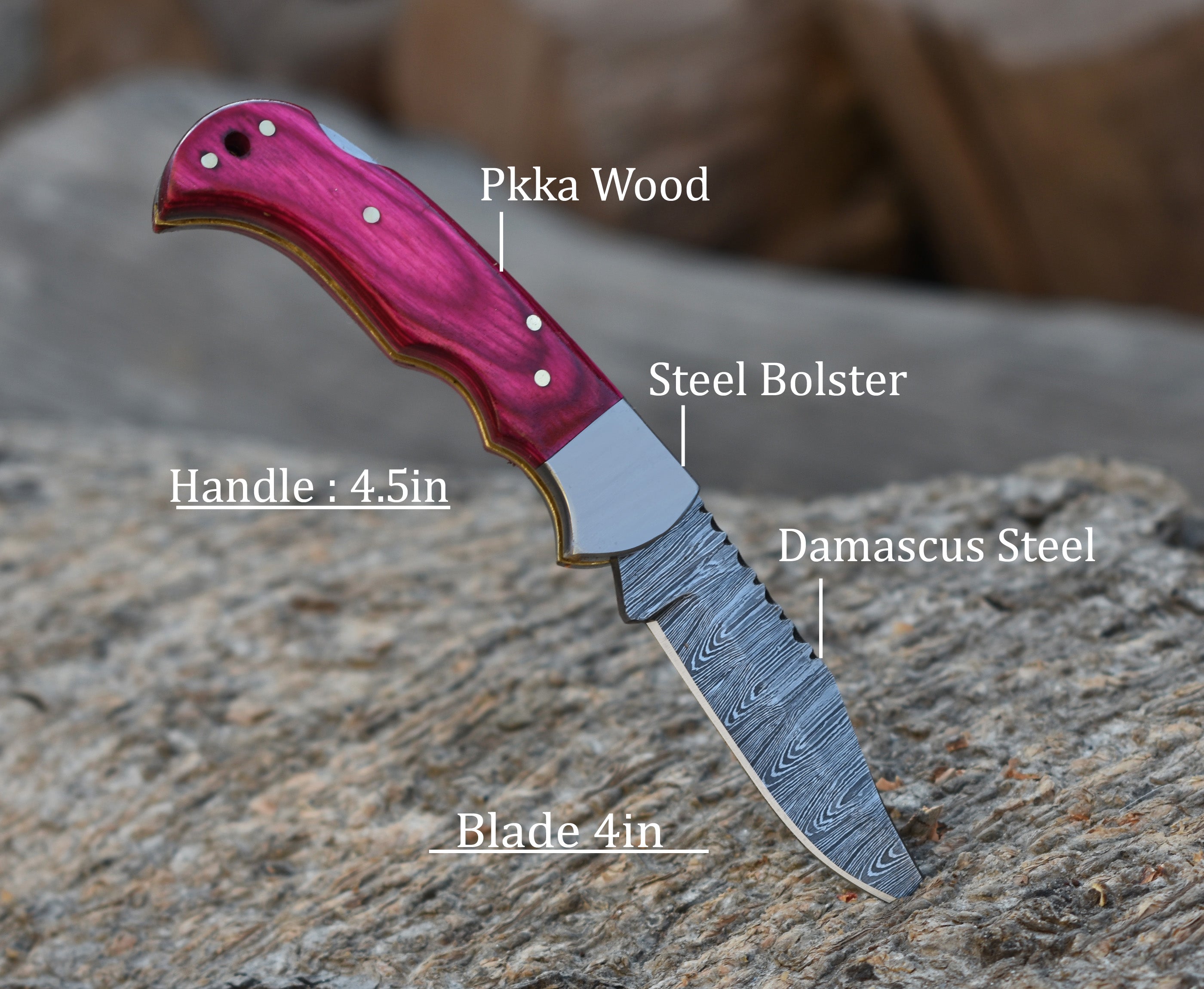 6.5" Handmade Damascus Steel Folding Knife Pink Pakka Wood Handle Back Lock Pocket Knife With Leather Pouch Personalized Gift for Men.