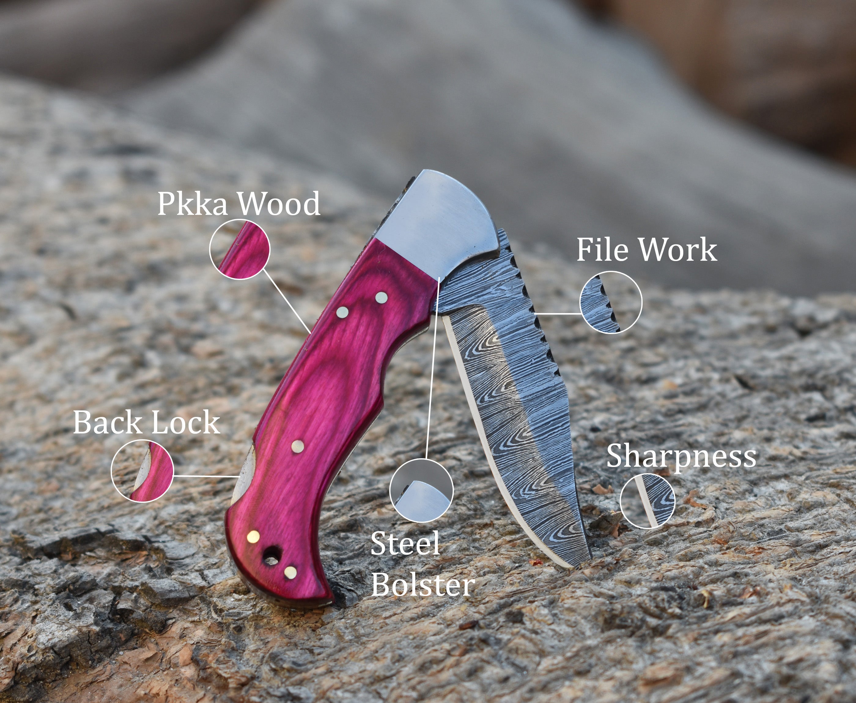 6.5" Handmade Damascus Steel Folding Knife Pink Pakka Wood Handle Back Lock Pocket Knife With Leather Pouch Personalized Gift for Men.