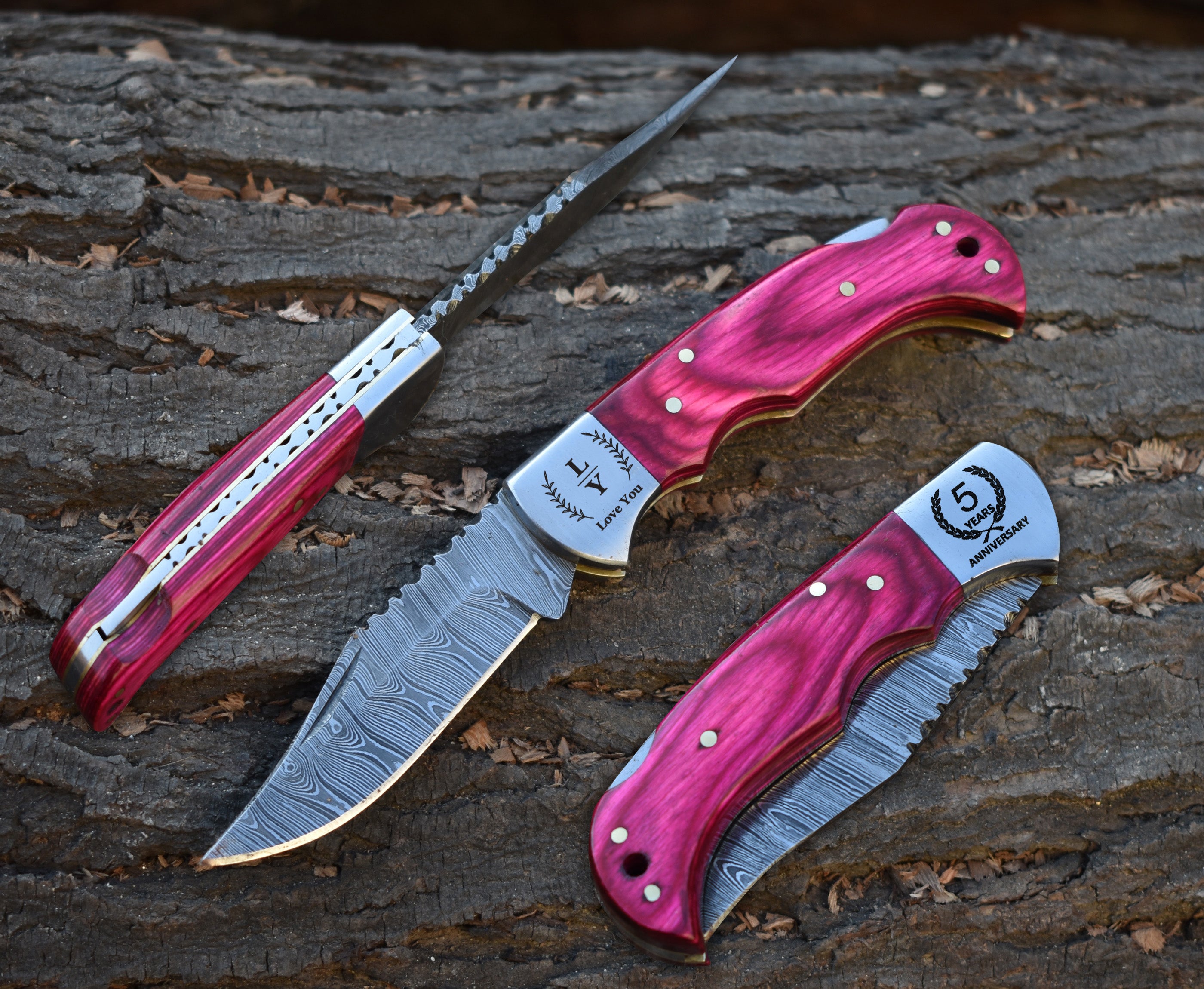 6.5" Handmade Damascus Steel Folding Knife Pink Pakka Wood Handle Back Lock Pocket Knife With Leather Pouch Personalized Gift for Men.