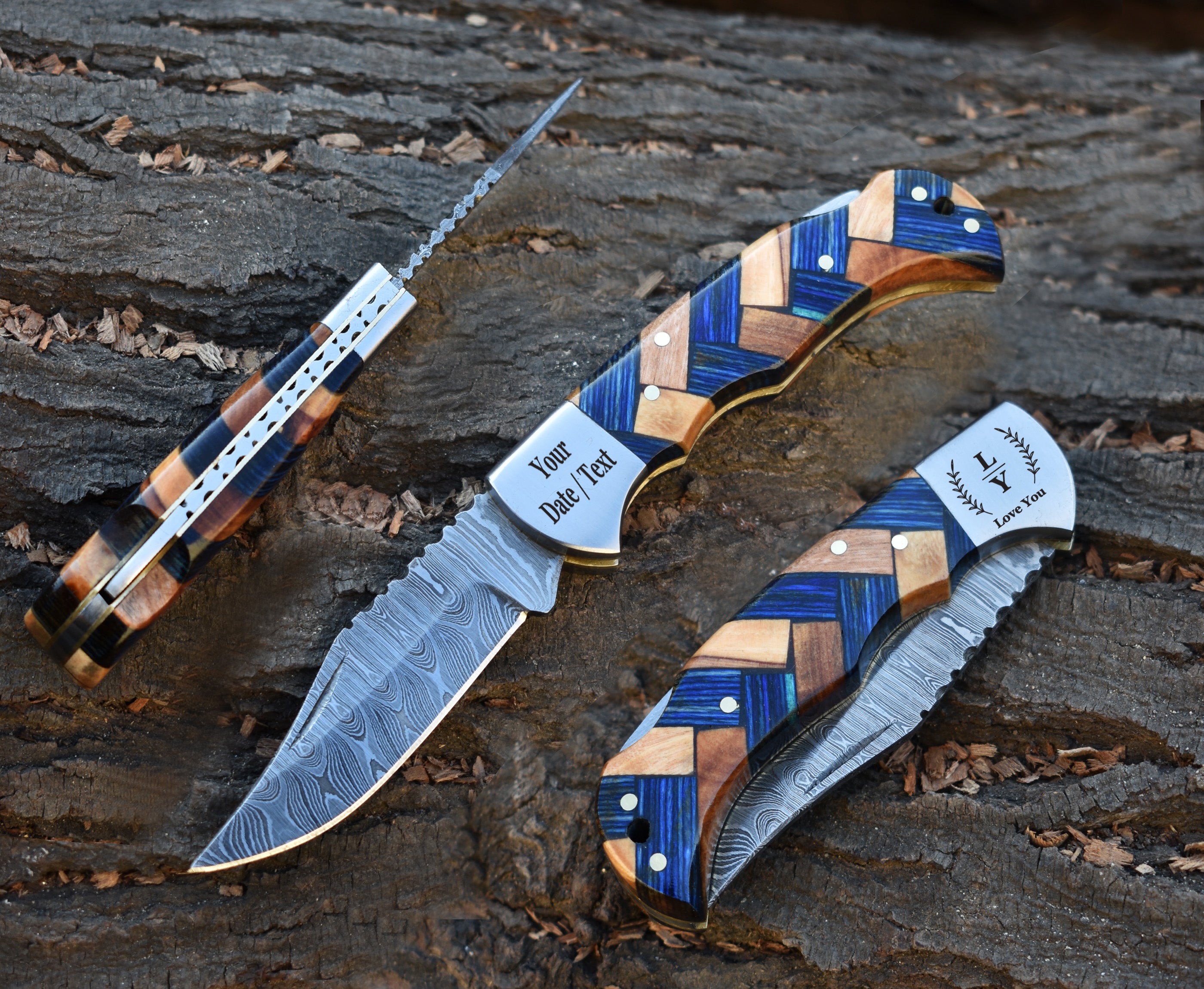 Personalized Handmade Damascus steel Back Lock Pocket Knife Blue olive wood handle Folding knife sharp edge come with leather sheath.