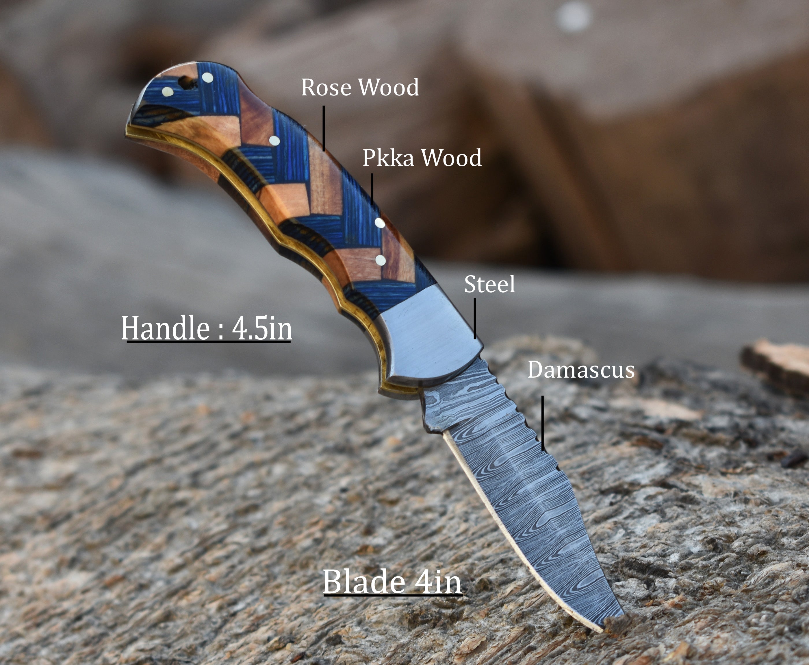 Personalized Handmade Damascus steel Back Lock Pocket Knife Blue olive wood handle Folding knife sharp edge come with leather sheath.