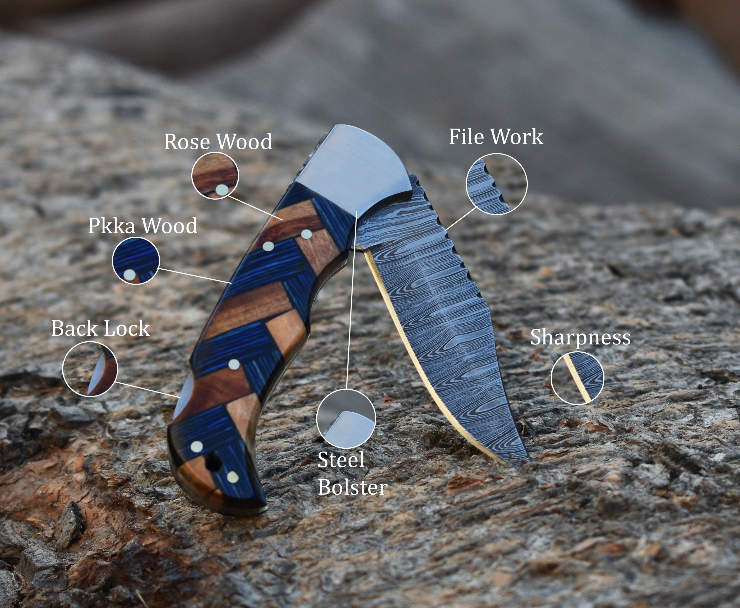 Personalized Handmade Damascus steel Back Lock Pocket Knife Blue olive wood handle Folding knife sharp edge come with leather sheath.