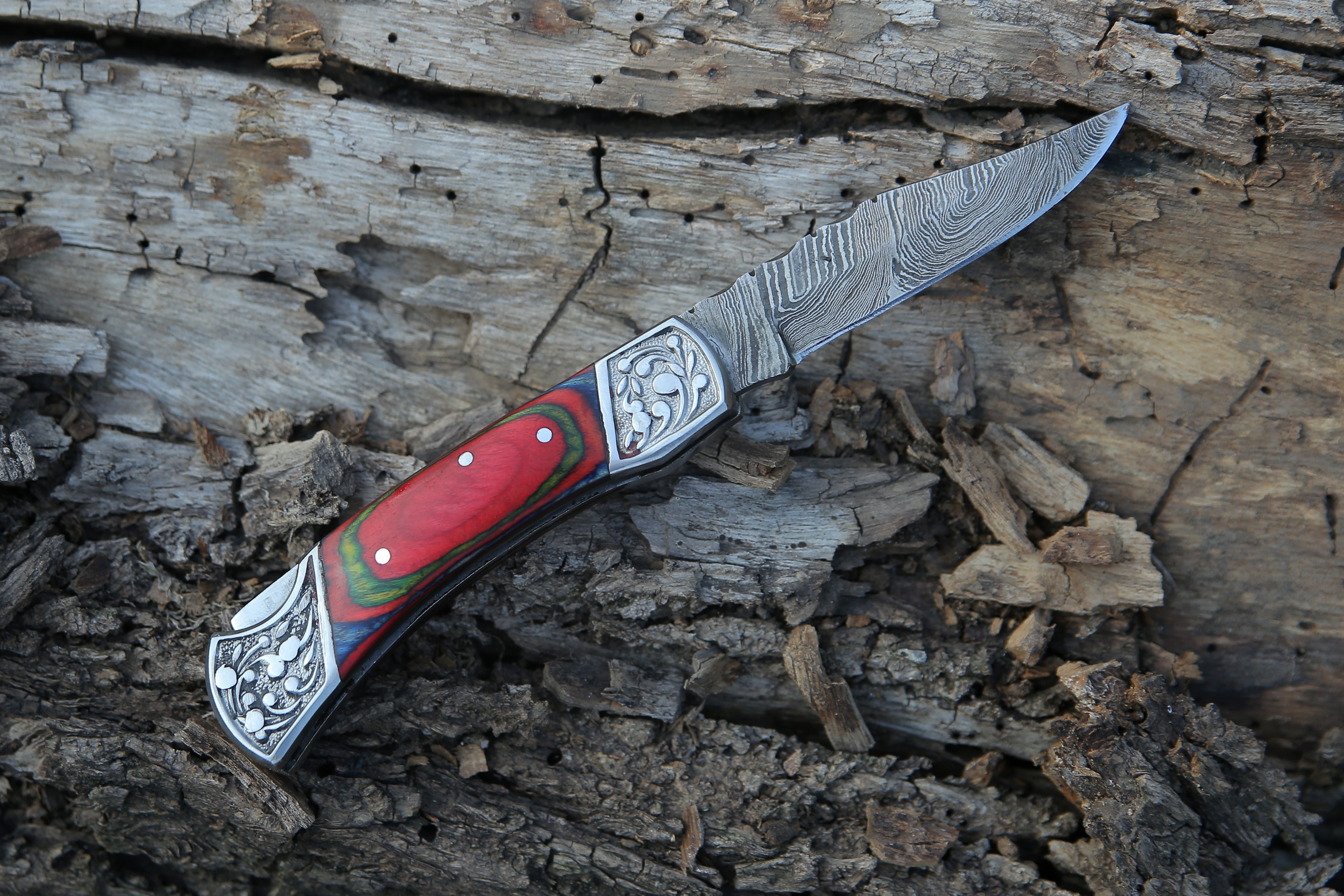 Back Lock Handmade Damascus Steel Pocket Knife Multicolor Pakka Wood Handle Folding Knife With Engraved Steel clips.