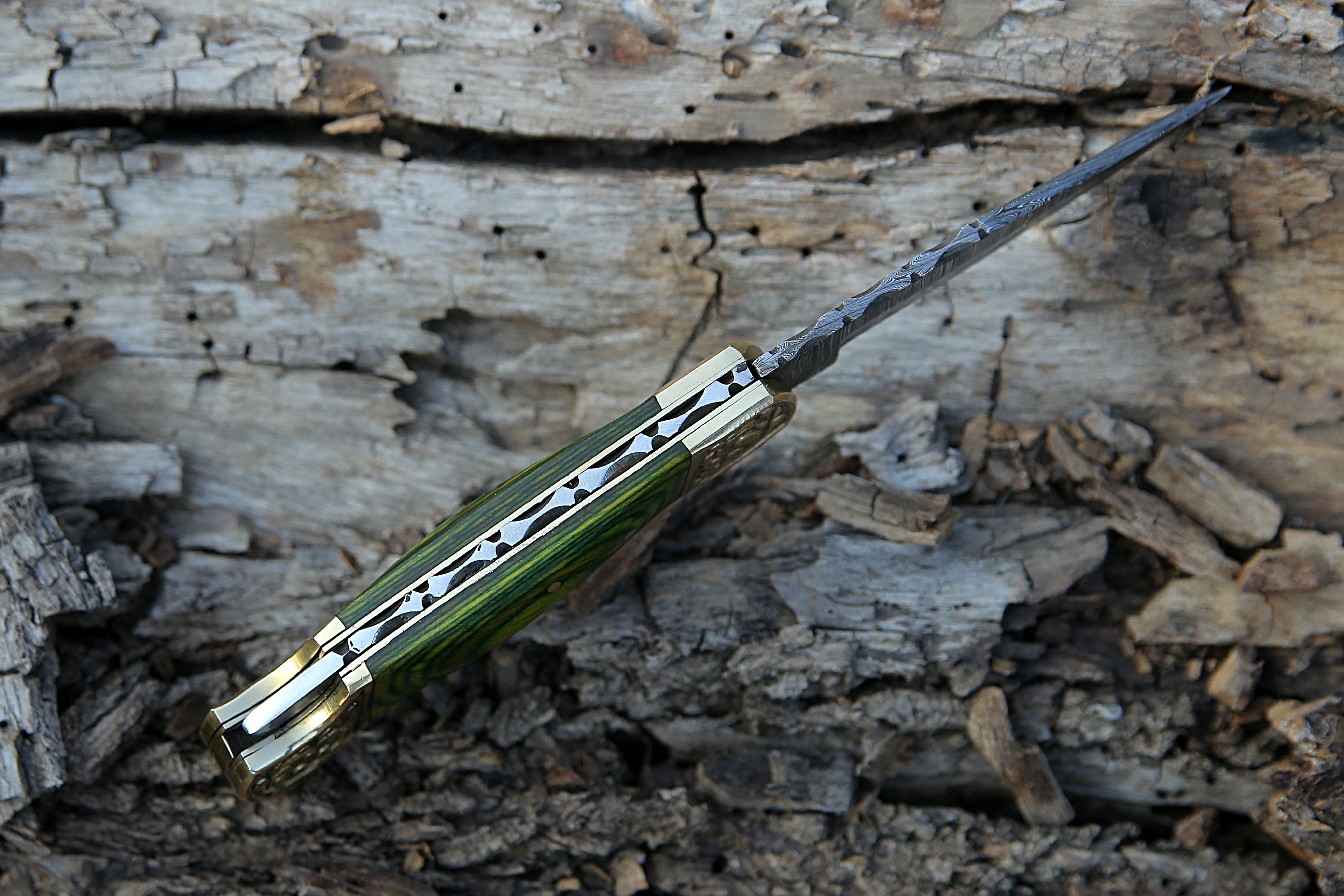 camping Tool Handmade Damascus Steel Back Lock Pocket Knife With Engraved Brass Clips Green Dollar Sheet Handle Folding Hunting EDC Skinner Fishing Knife with Leather Pouch.
