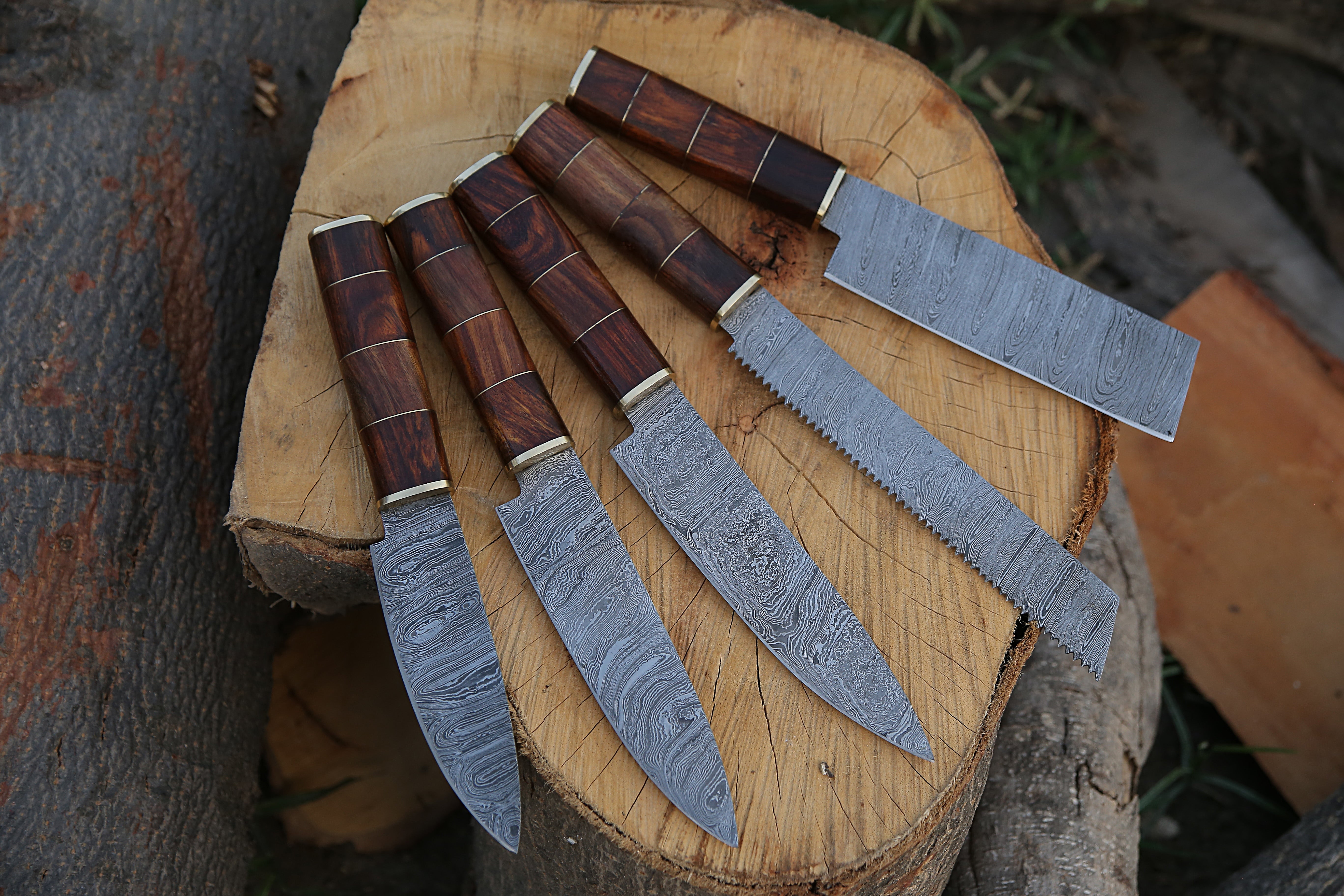 Custom Made Damascus Steel Kitchen Knife Rosewood Handle Handmade Chef knife Set Of 5 PCS With Leather Kit.