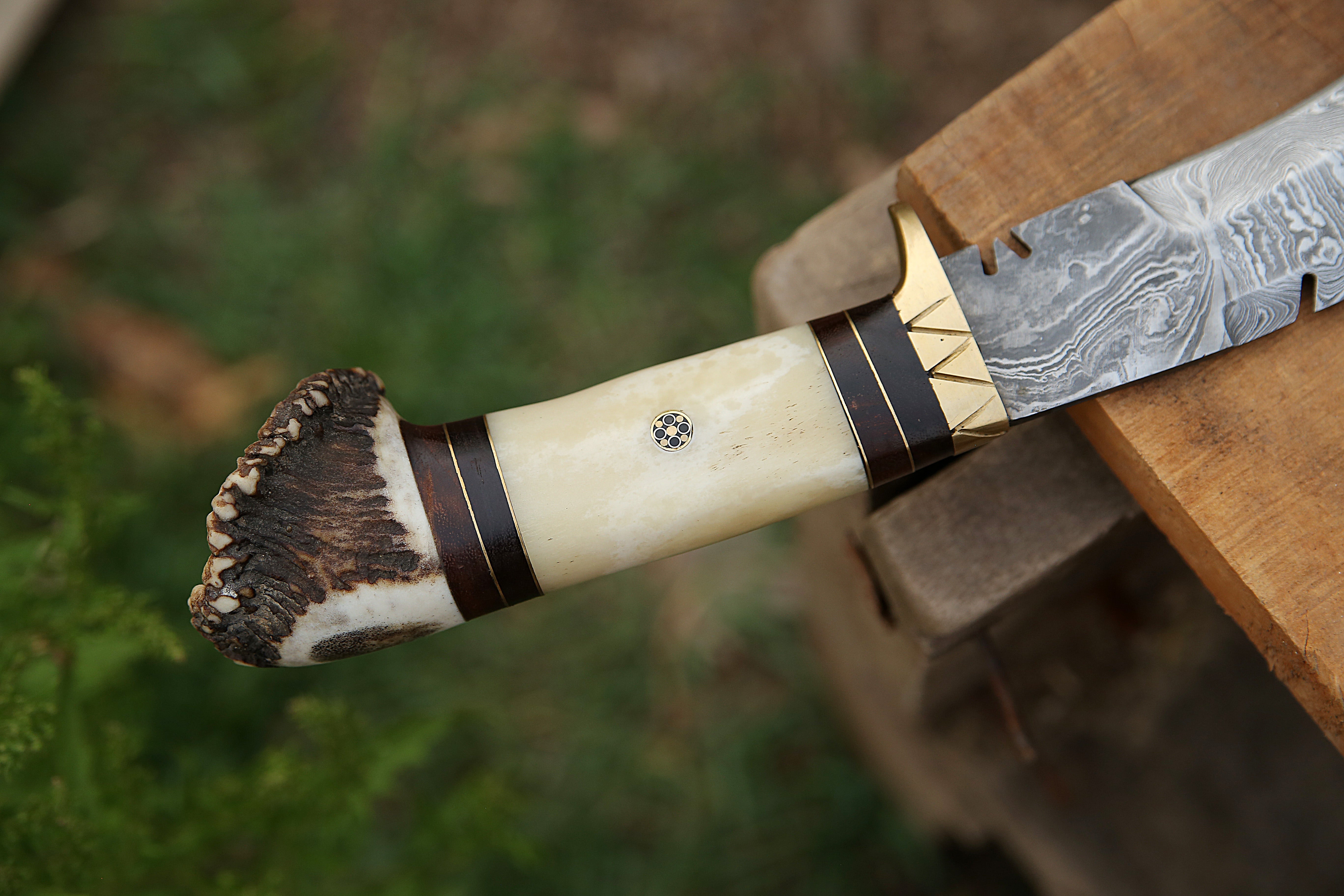 Hand-Forged Kukri Knife with Bone & Stag Crown Handle – Traditional Nepalese Blade for Camping & Survival