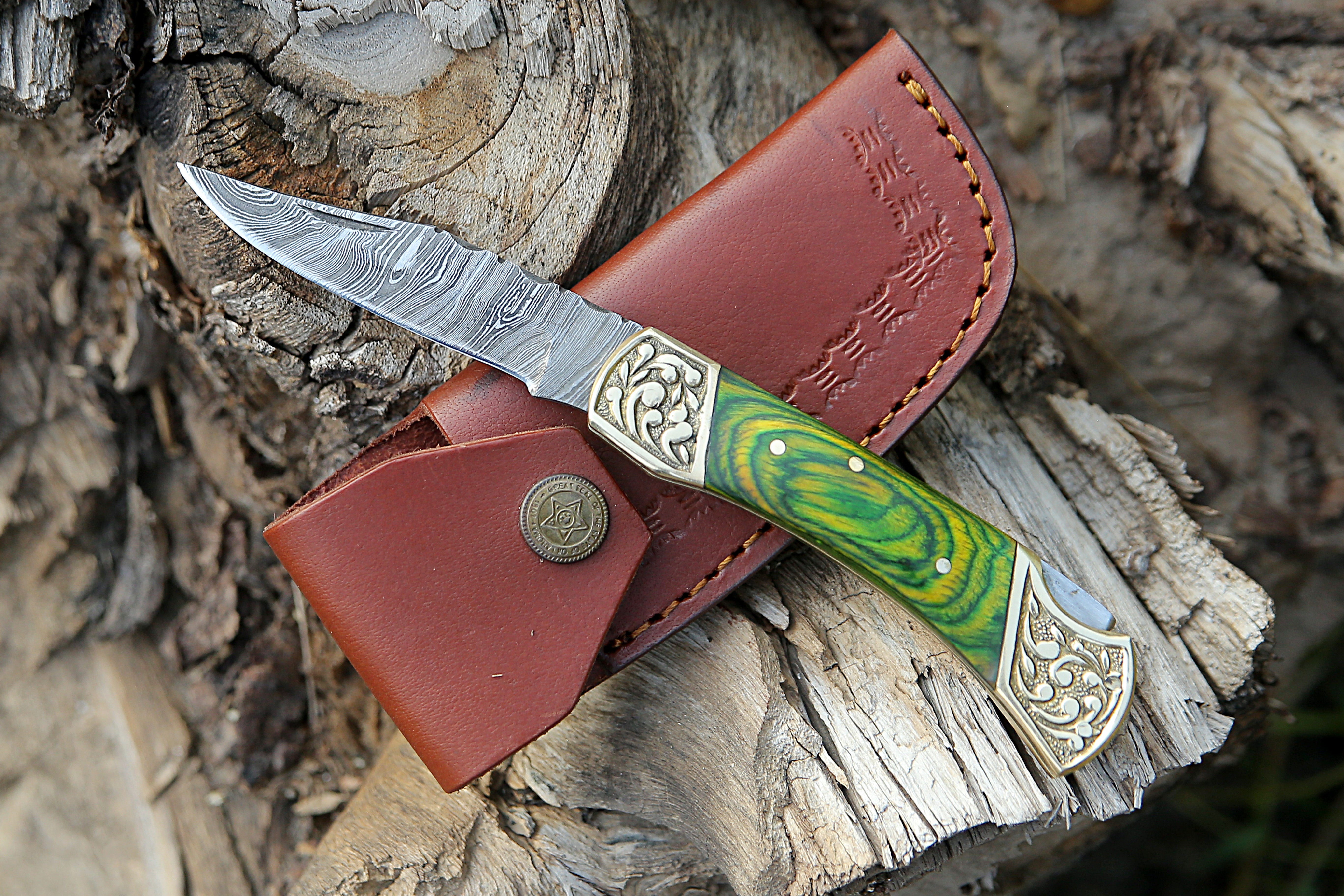 camping Tool Handmade Damascus Steel Back Lock Pocket Knife With Engraved Brass Clips Green Dollar Sheet Handle Folding Hunting EDC Skinner Fishing Knife with Leather Pouch.