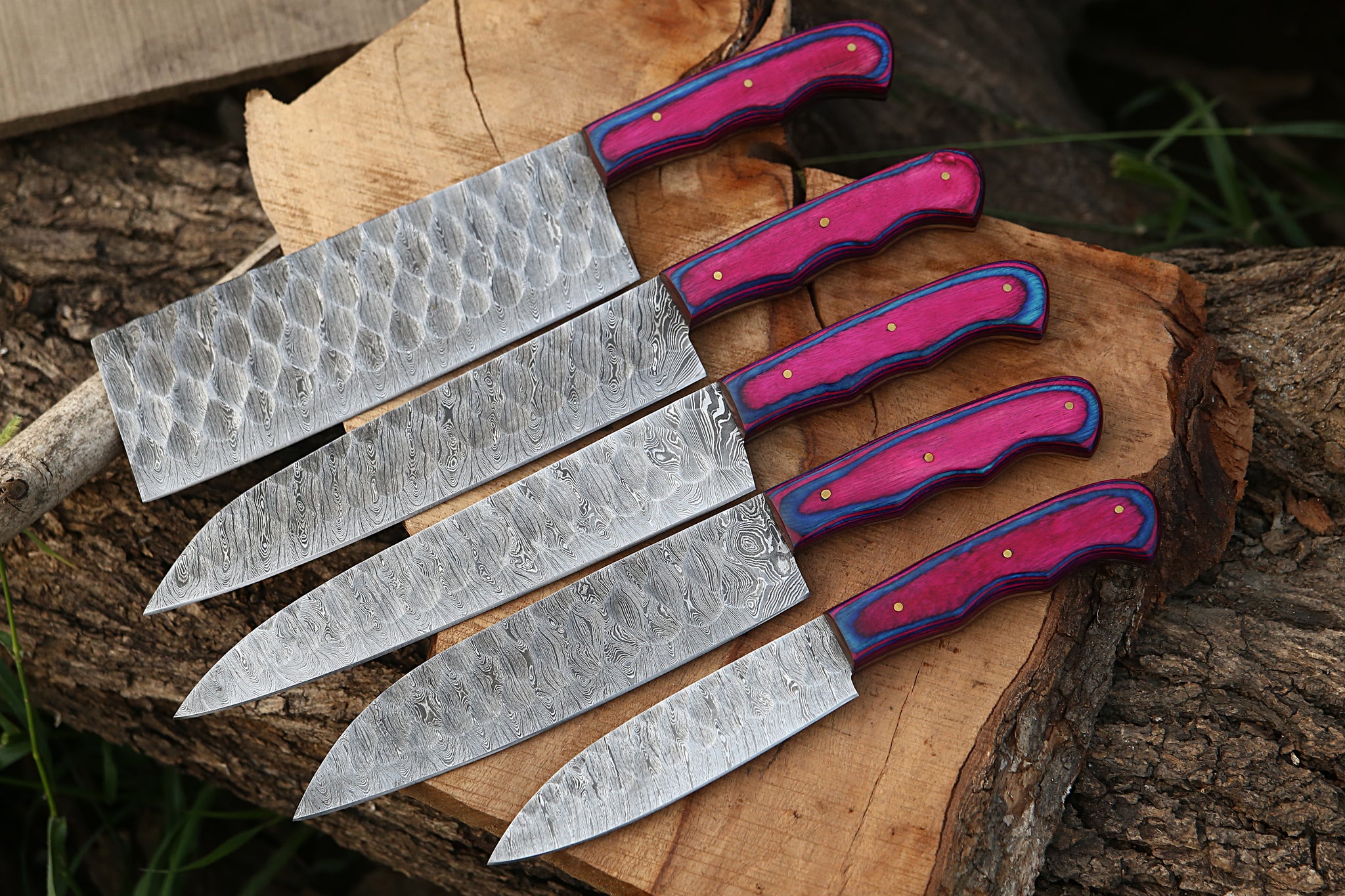 Handmade Damascus Chef Knife Set of 5 With Multicolor Dollar Sheet