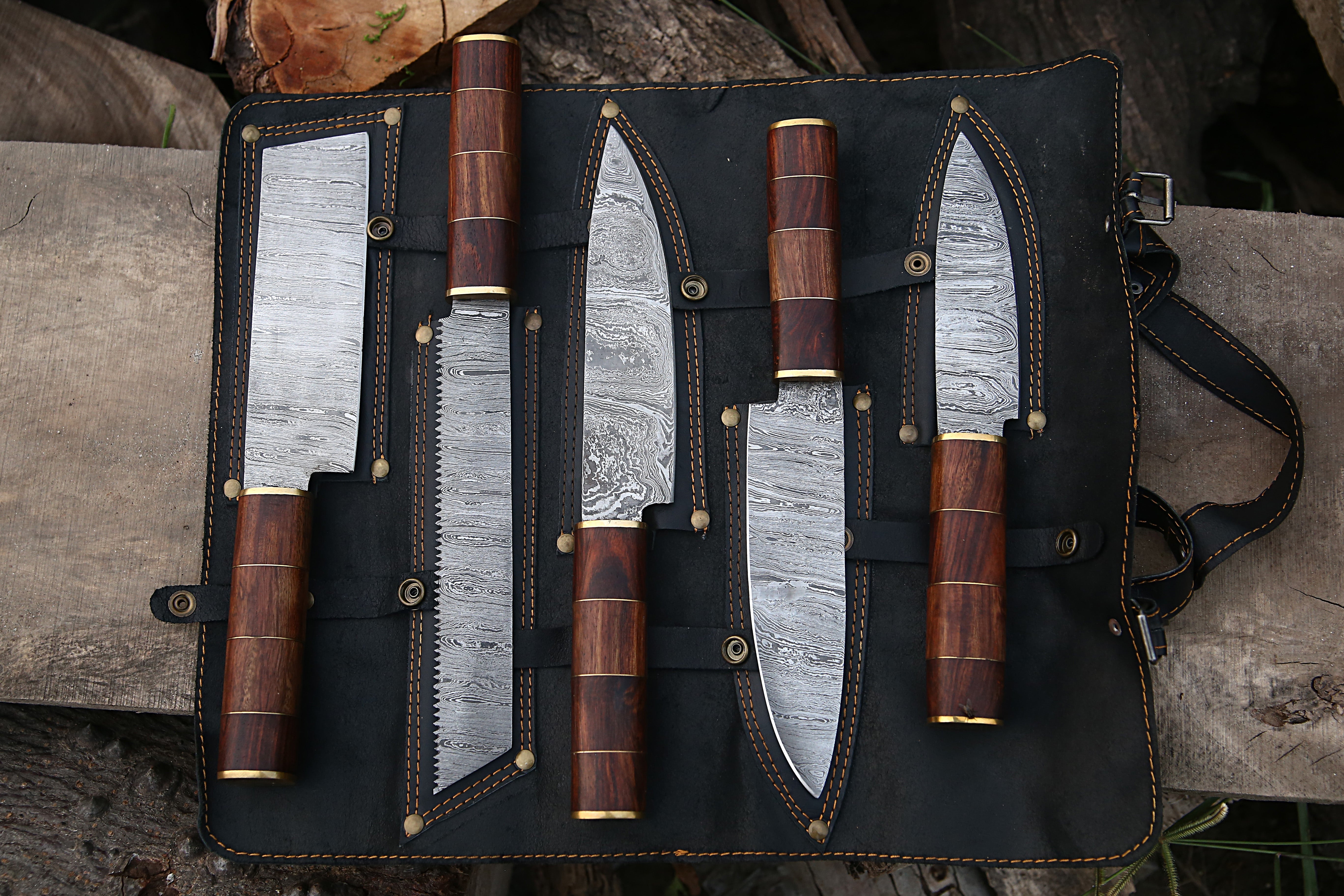 Custom Made Damascus Steel Kitchen Knife Rosewood Handle Handmade Chef knife Set Of 5 PCS With Leather Kit.