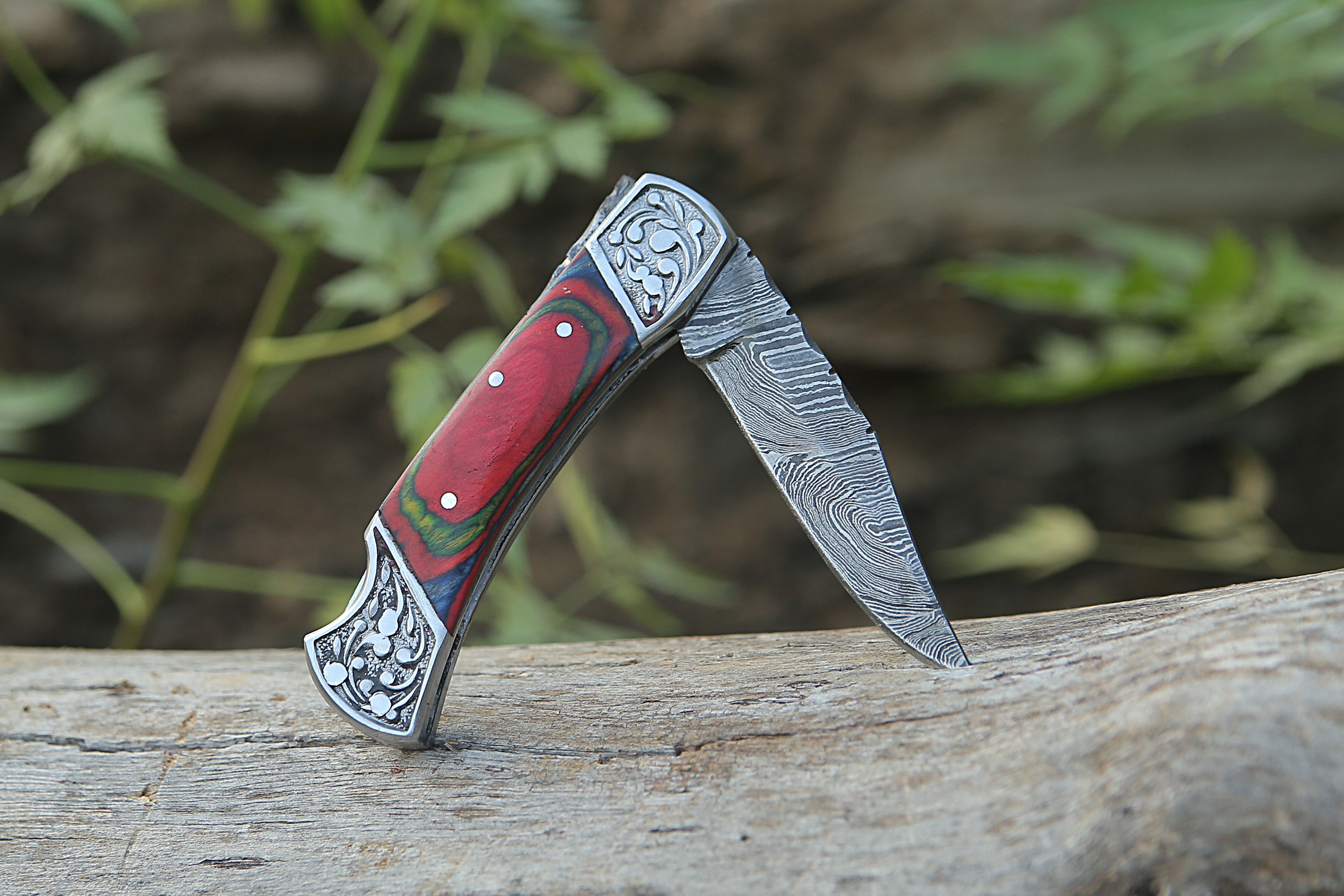 Back Lock Handmade Damascus Steel Pocket Knife Multicolor Pakka Wood Handle Folding Knife With Engraved Steel clips.