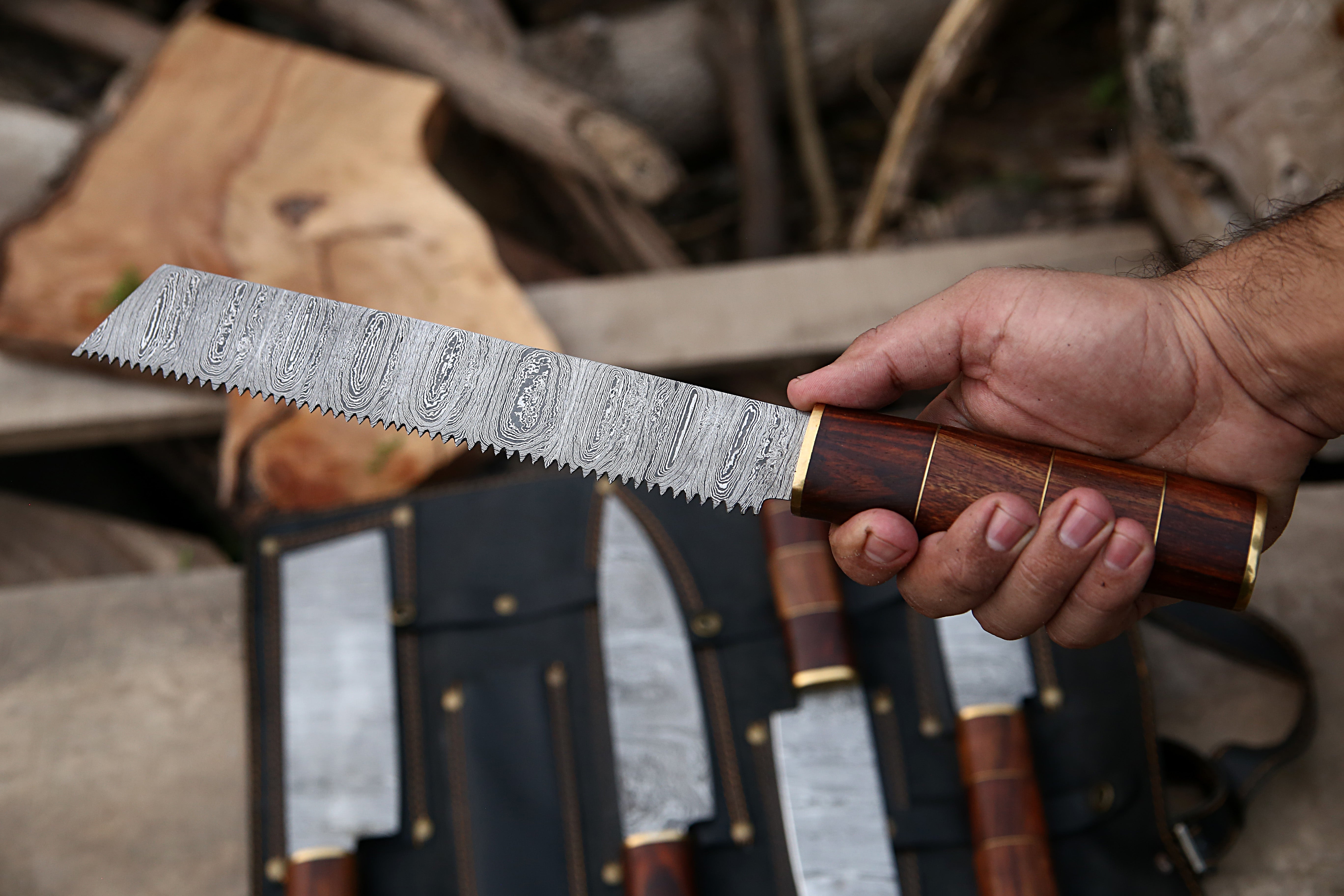 Custom Made Damascus Steel Kitchen Knife Rosewood Handle Handmade Chef knife Set Of 5 PCS With Leather Kit.