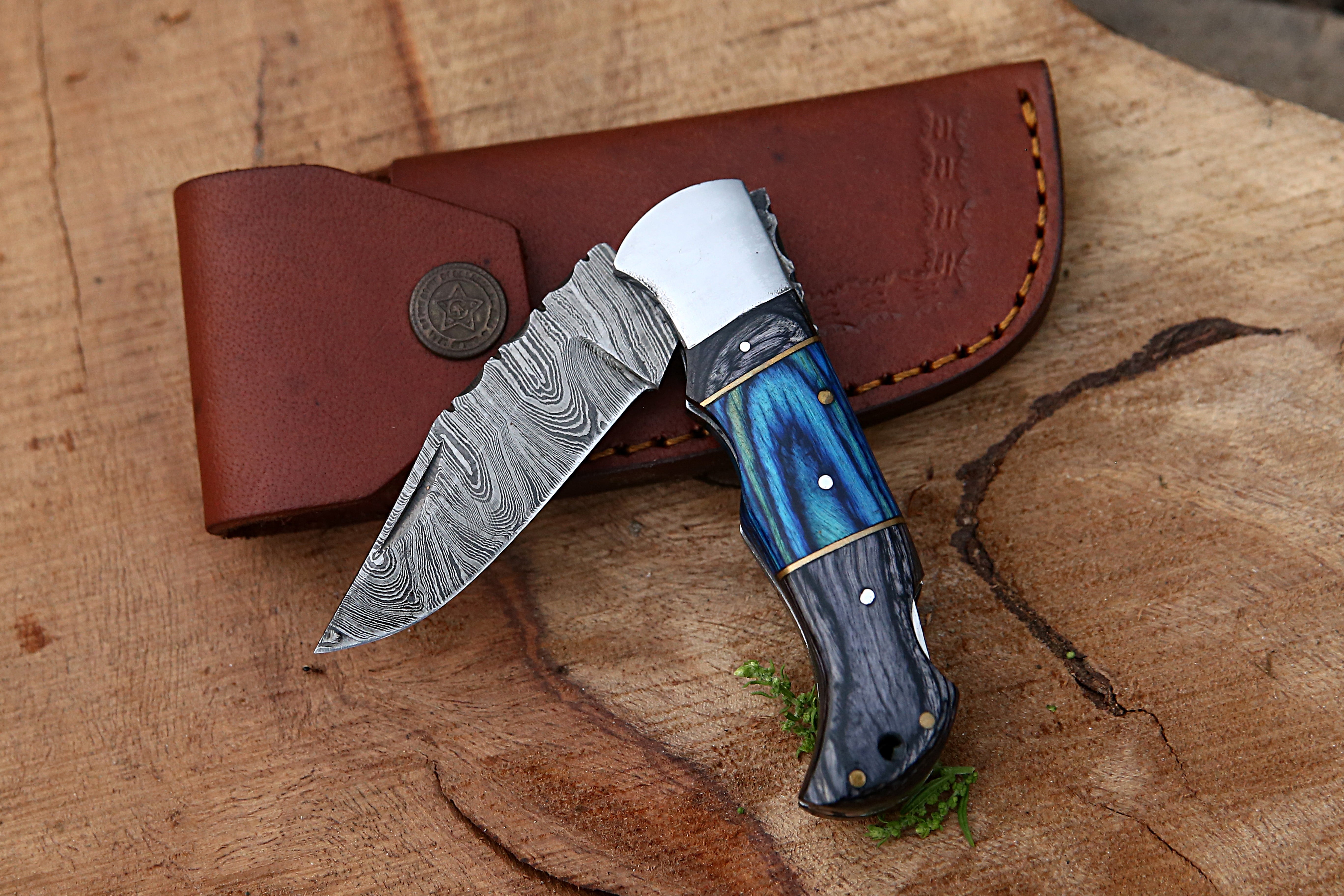 6.5" Handmade Damascus Steel Folding Knife Blue & Grey Handle Back Lock Pocket Knife With Leather Pouch Personalized Gift for Men.