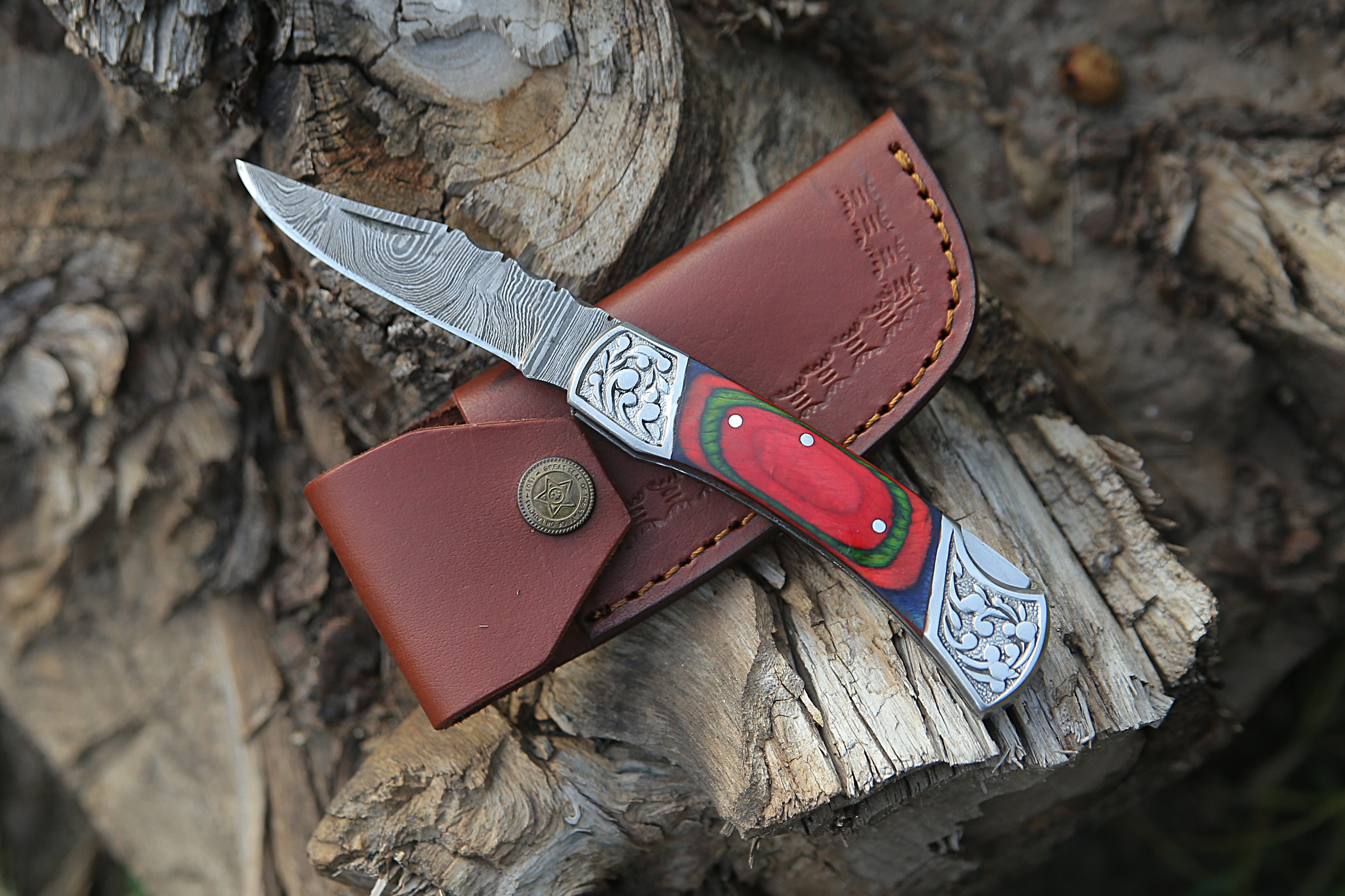 Back Lock Handmade Damascus Steel Pocket Knife Multicolor Pakka Wood Handle Folding Knife With Engraved Steel clips.