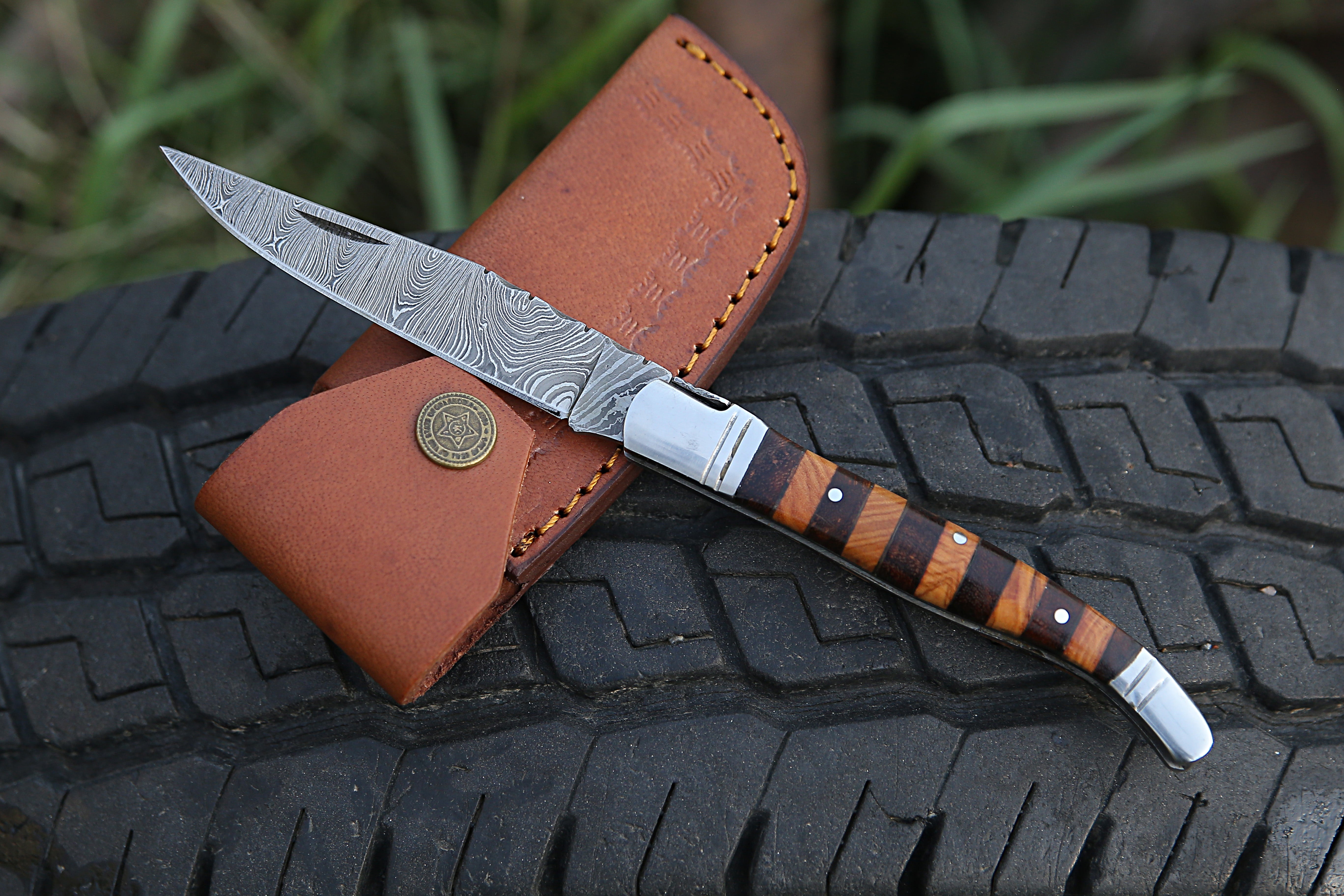 Hand Forge Damascus steel Pocket knife With Rose & Olive Wood Handle Steel Clips Folding Knife