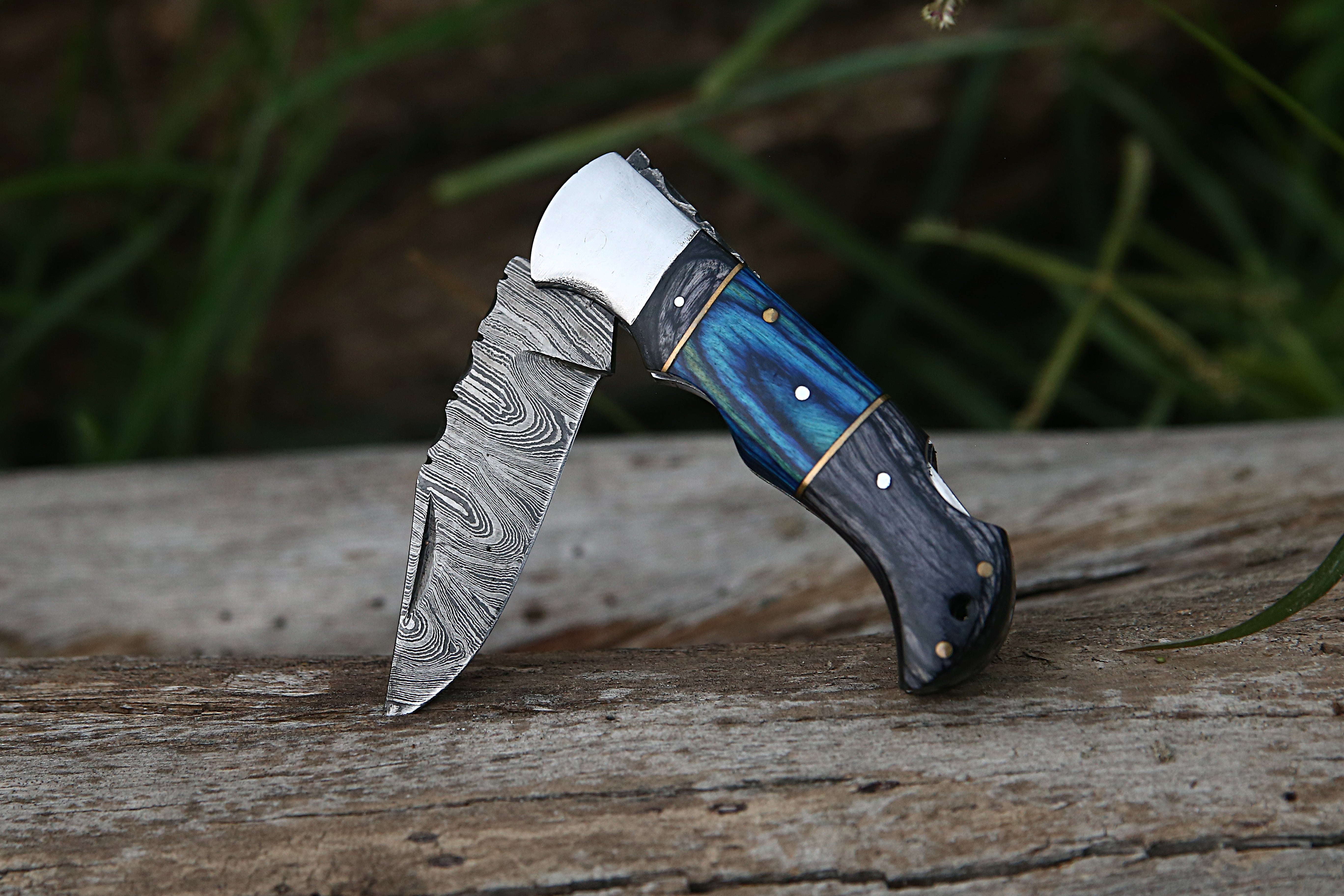 Handmade Damascus Steel Folding Knife Blue