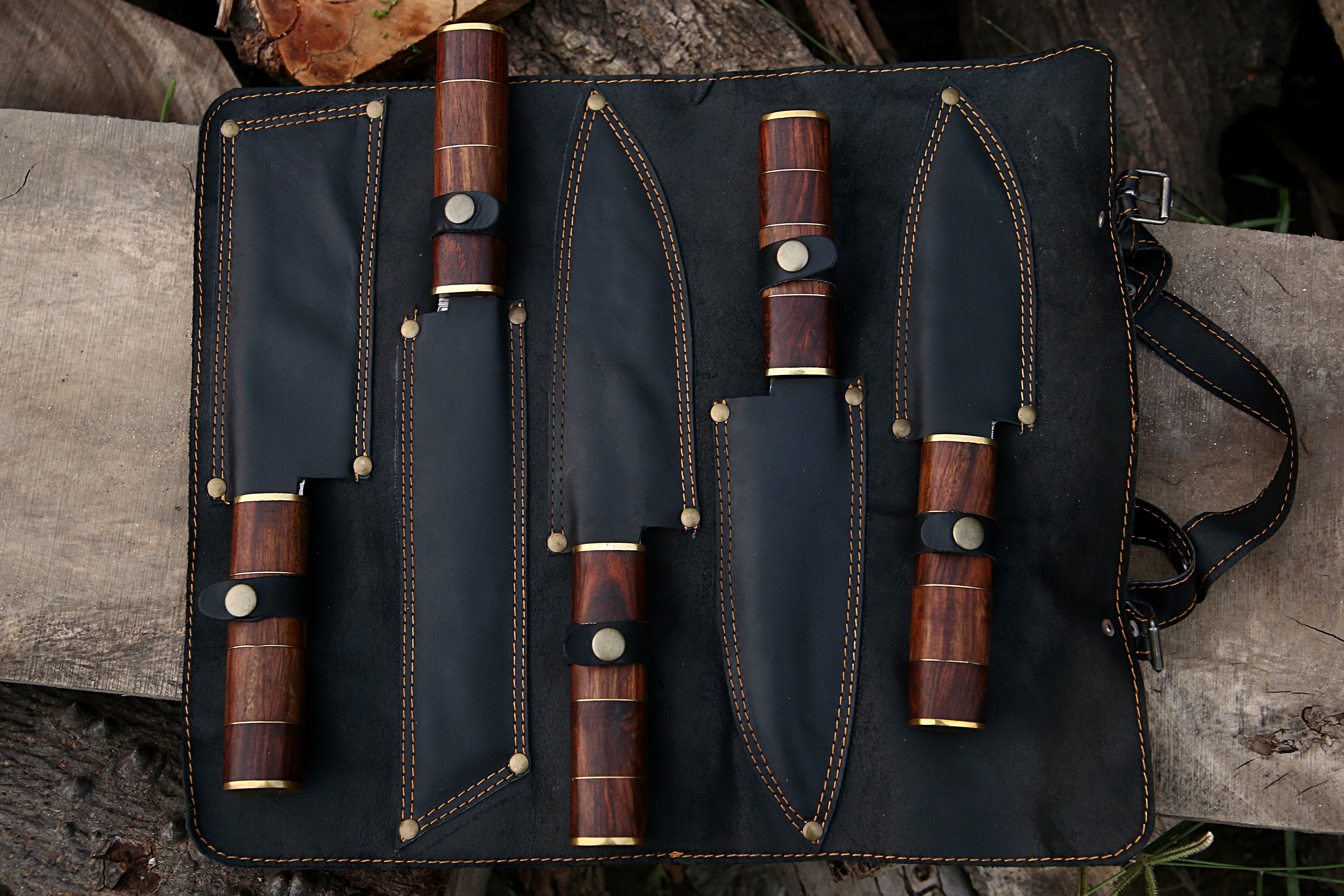 Custom Made Damascus Steel Kitchen Knife Rosewood Handle Handmade Chef knife Set Of 5 PCS With Leather Kit.