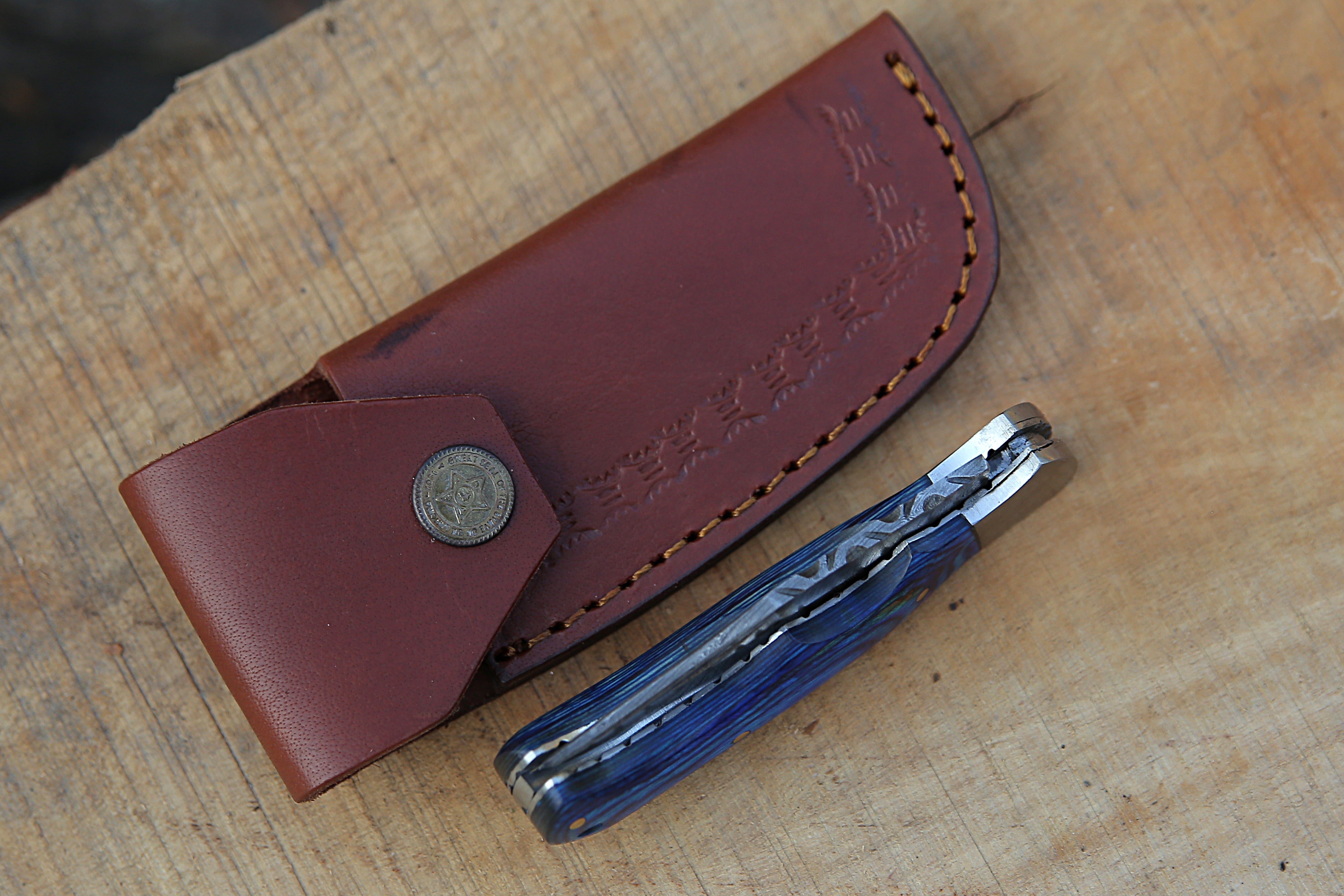 Blue Wood Damascus Steel Back Lock Pocket Knife With Stainless Steel Clips Camping Knife Personalized Hunting Knife EDC knife with Leather pouch.