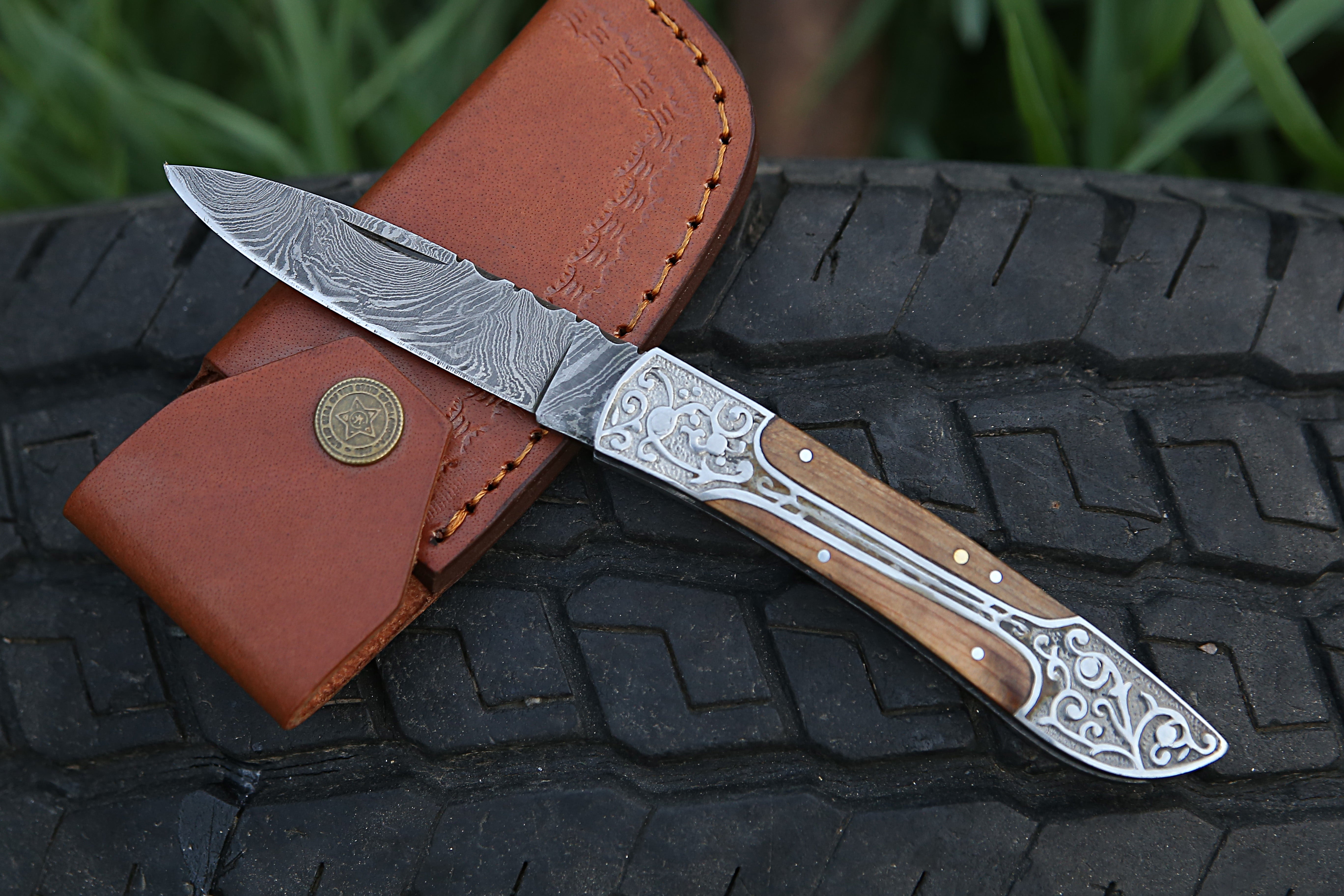 Handmade Damascus Steel Folding Knife With Engraved Steel Frame Olive Wood Handle Pocket Knife.