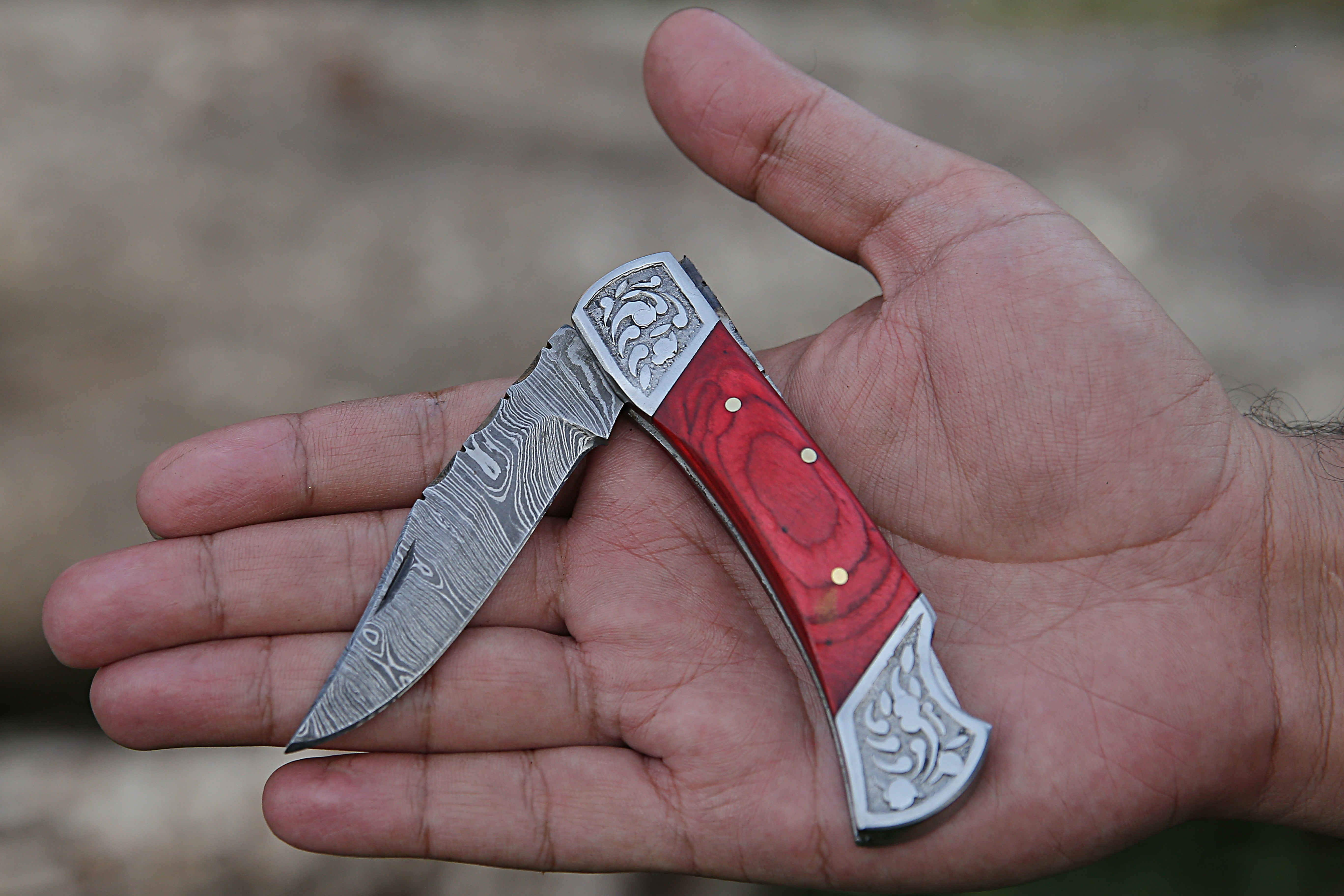 Red Color Dollar Sheet with Engraved Steel Clips Handmade Damascus Steel Back Lock Pocket Knife