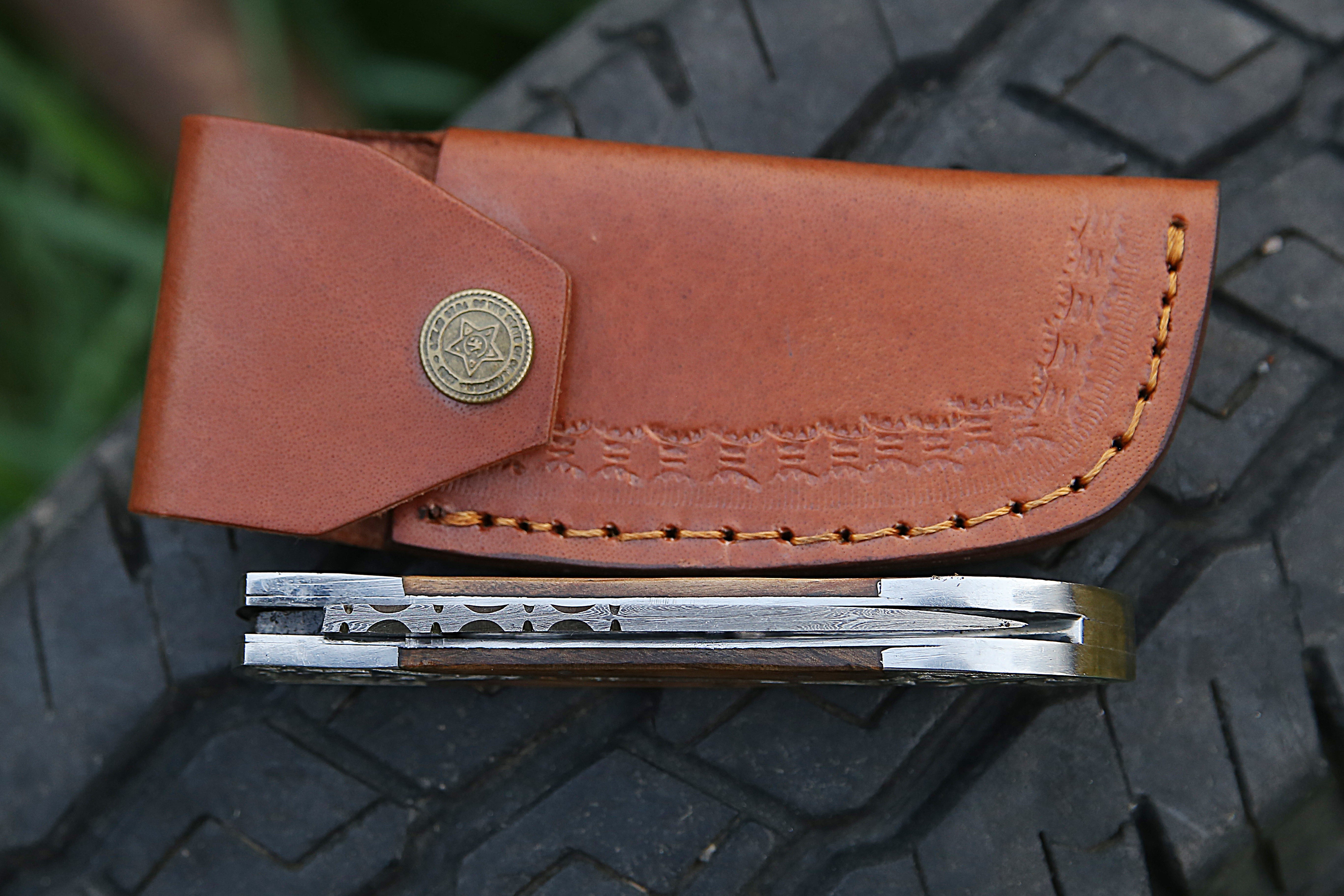 Handmade Damascus Steel Folding Knife With Engraved Steel Frame Olive Wood Handle Pocket Knife.