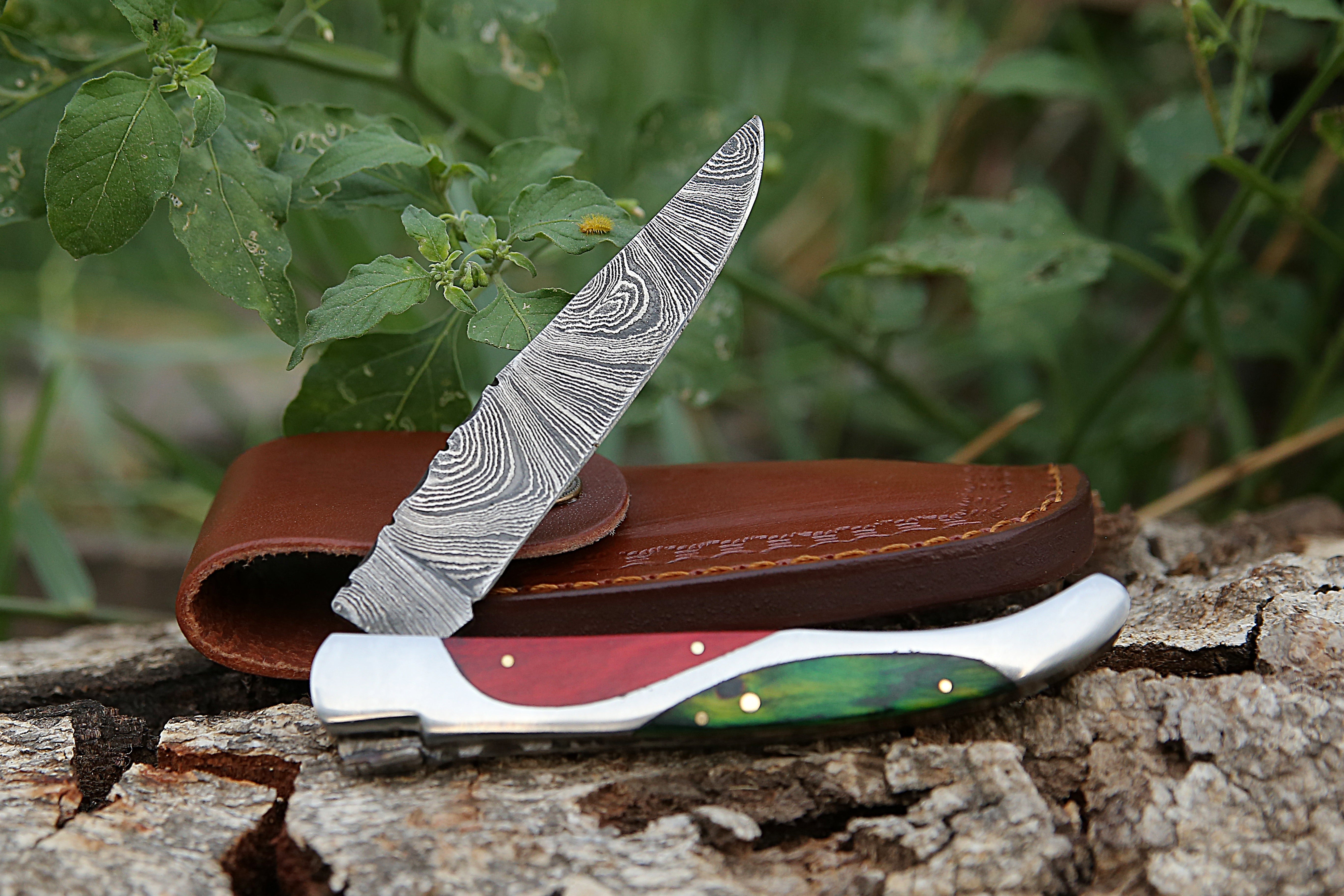 High Grade Hand Forged Damascus Folding Knife With Steel Frame Green & Red Pakka wood Handle