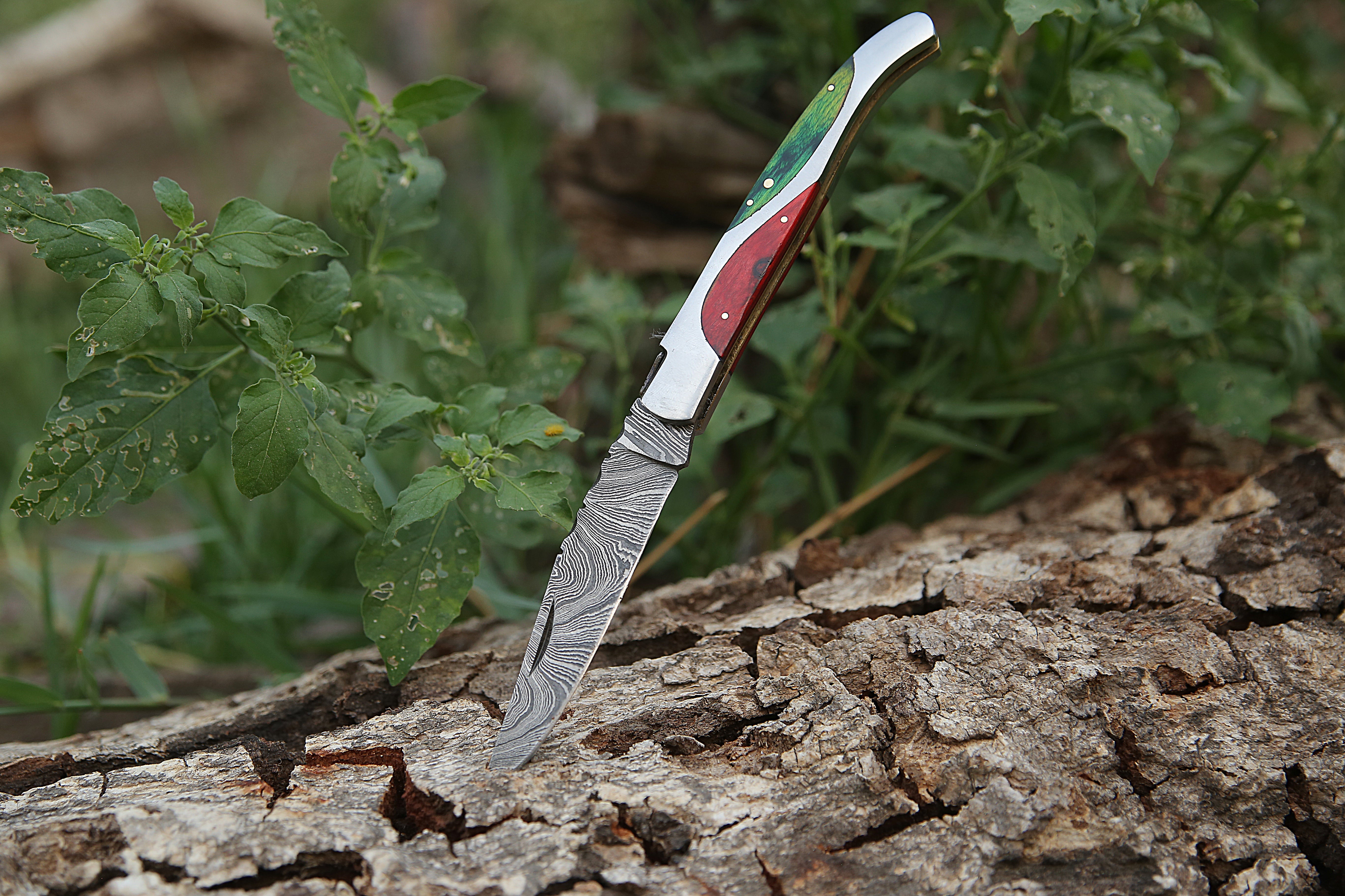 High Grade Hand Forged Damascus Folding Knife With Steel Frame Green & Red Pakka wood Handle