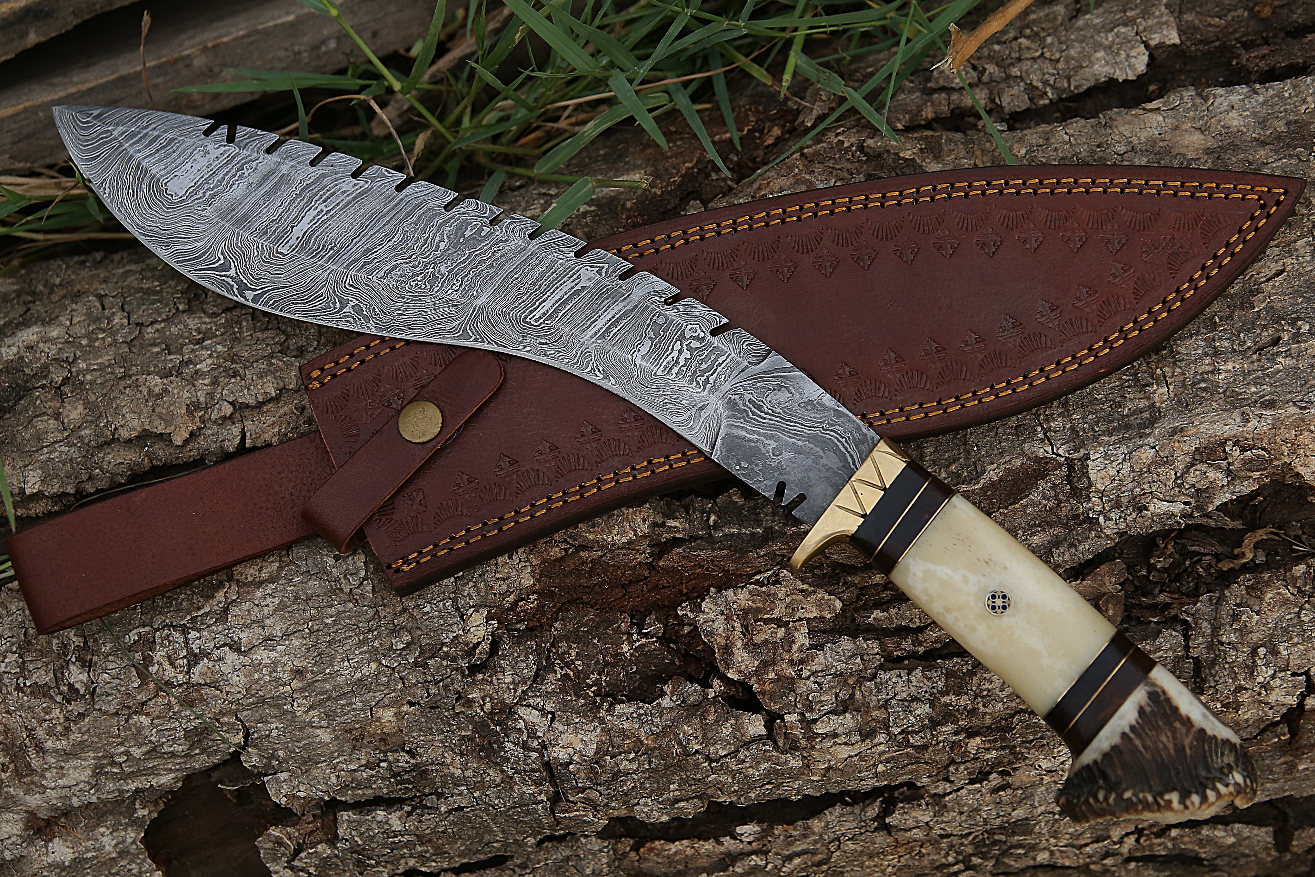 Hand-Forged Kukri Knife with Bone & Stag Crown Handle – Traditional Nepalese Blade for Camping & Survival