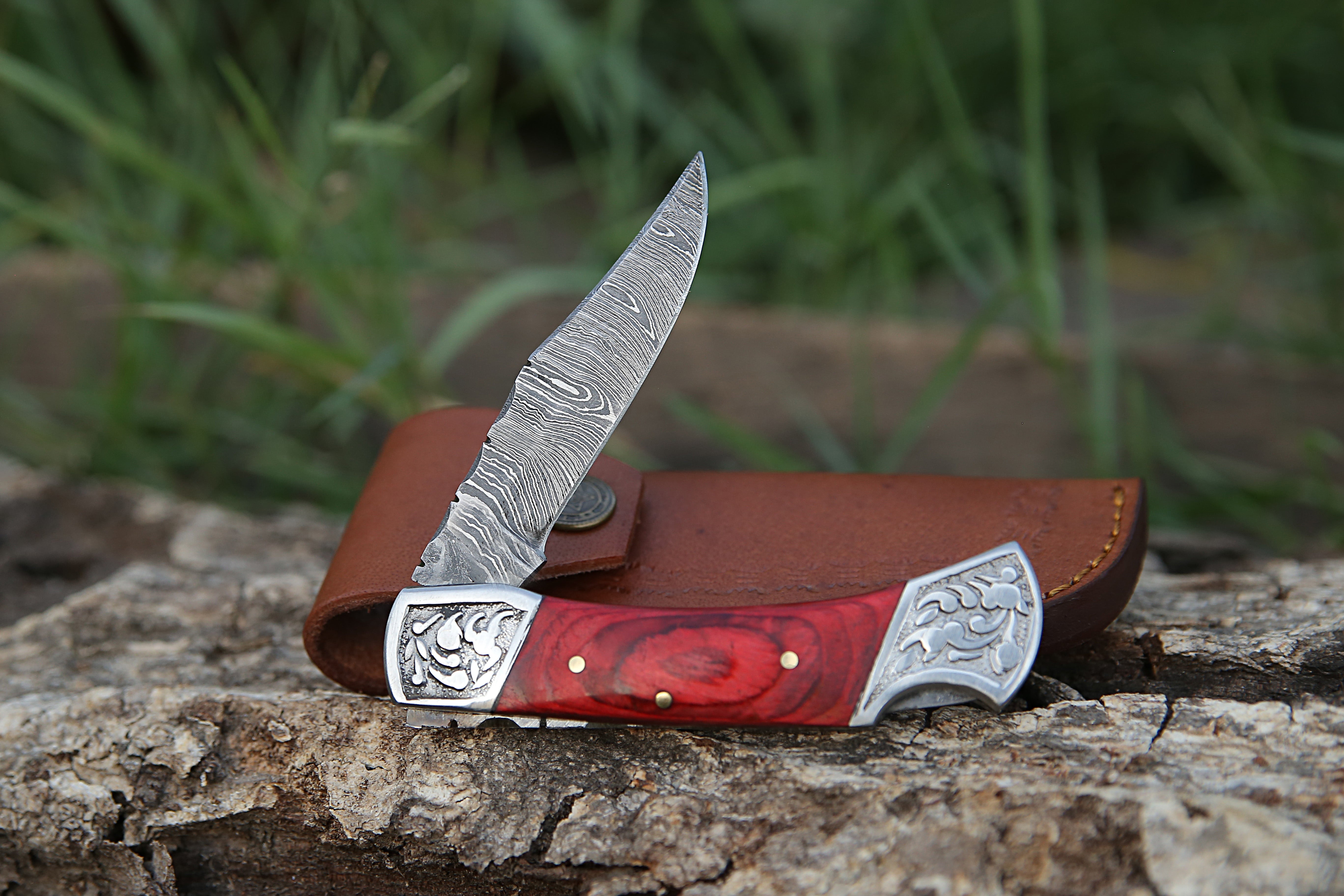 Red Color Dollar Sheet with Engraved Steel Clips Handmade Damascus Steel Back Lock Pocket Knife