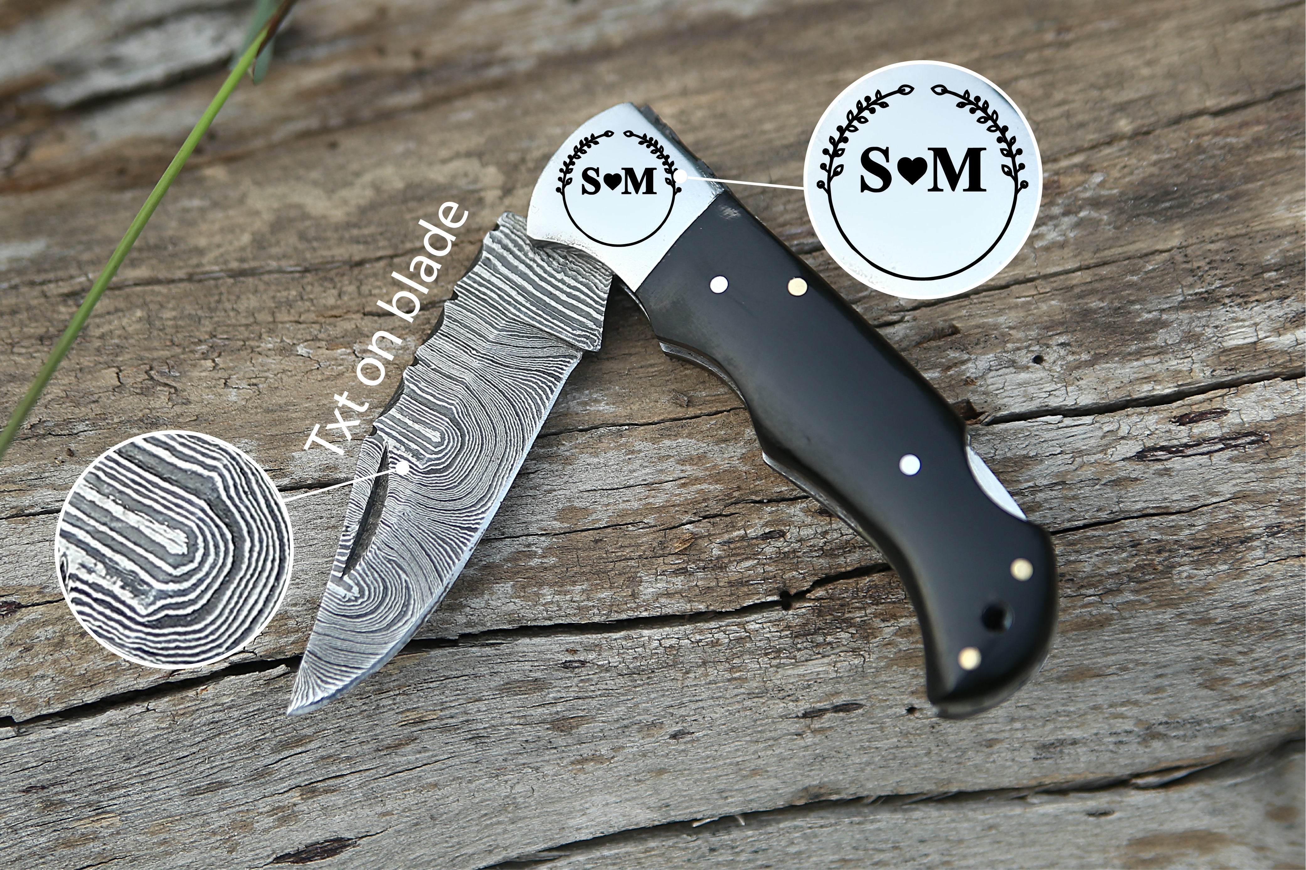 Back Lock Damascus steel Pocket Knife Black Horn handle Folding Knife Best for Camping Hunting Skinner EDC Knife Outdoor Tool With Leather Pouch.