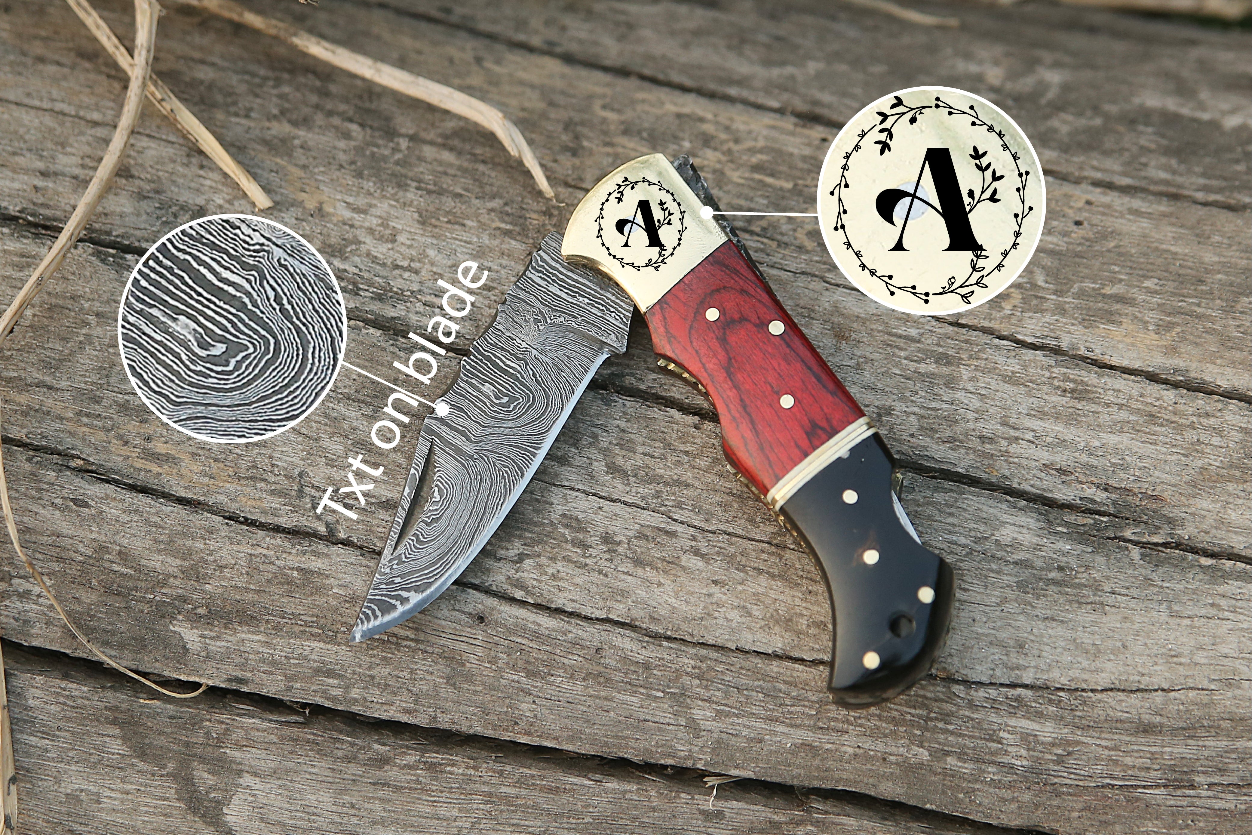 Personalized Gift Black Horn Handmade Damascus Steel Pocket Knife Red Dollar Sheet Handle Folding Knife With Cow Leather Sheath.