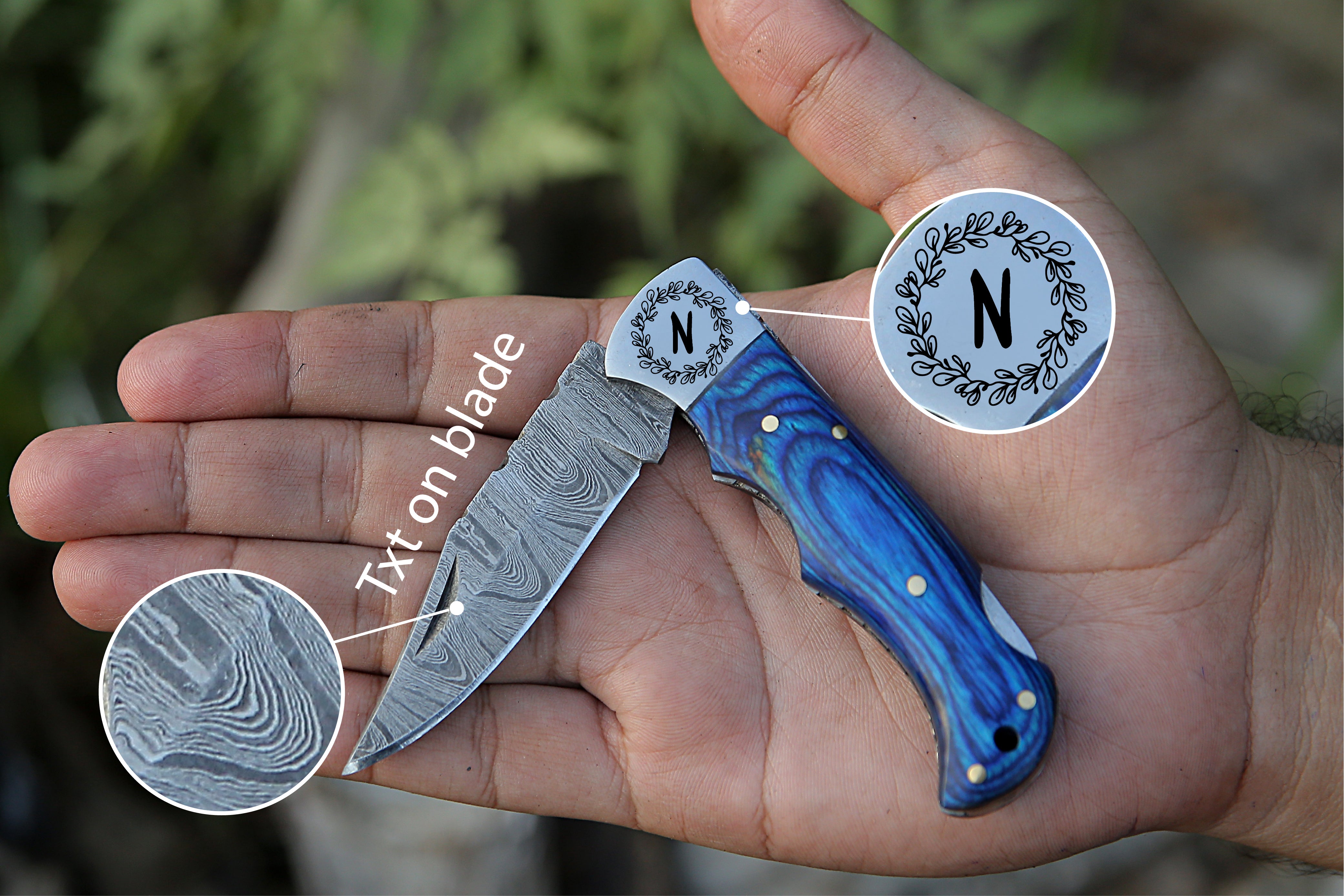 Blue Wood Damascus Steel Back Lock Pocket Knife With Stainless Steel Clips Camping Knife Personalized Hunting Knife EDC knife with Leather pouch.
