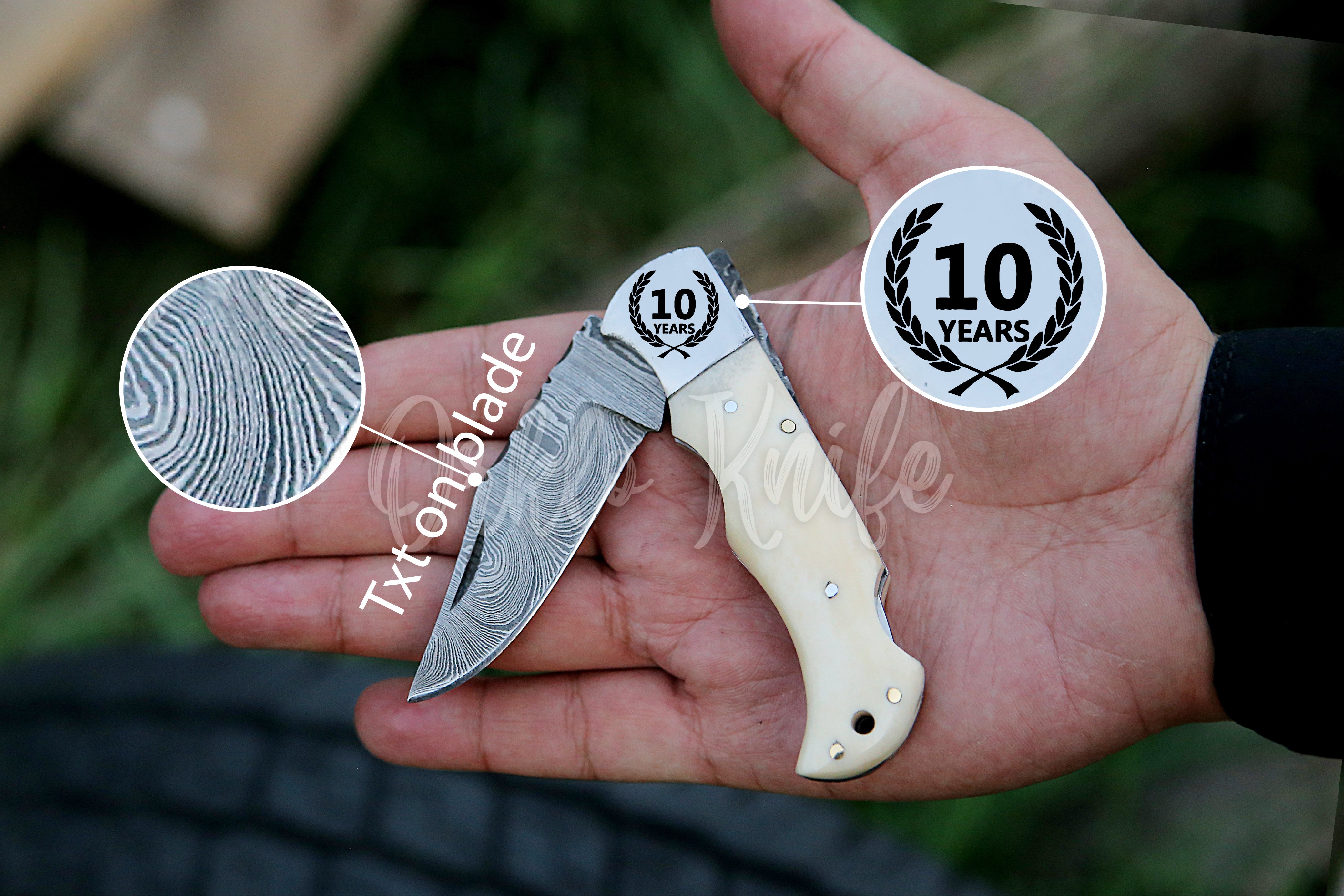 White Bone Handle Damascus Steel Folding Pocket Knife With Stainless Steel Clips Personalized Back Lock Knife