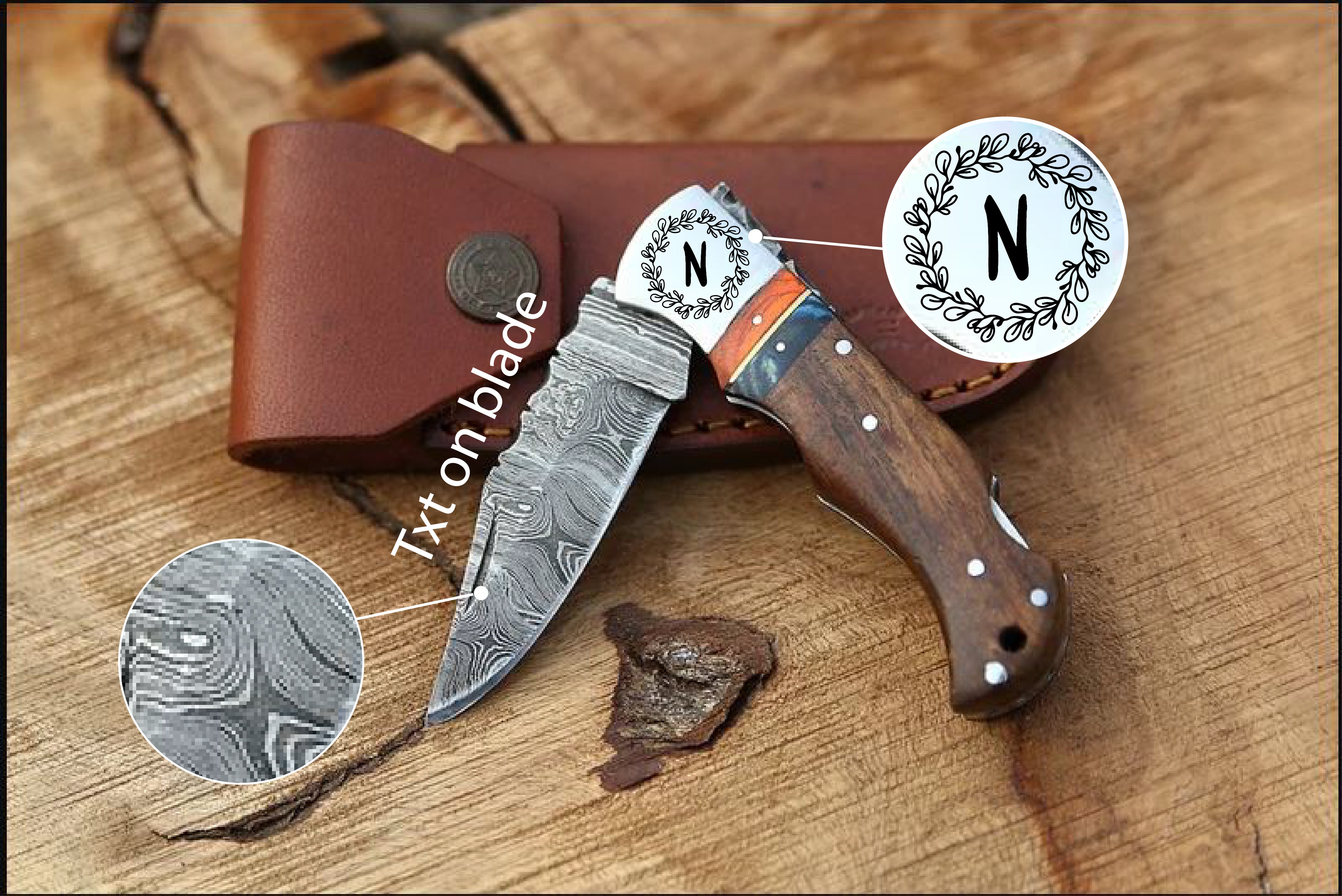 Best Personalized Gift Rose Wood Authentic Damascus Steel Back Lock Pocket Folding With Orange & Blue Rosewood Handle with Leather pouch.