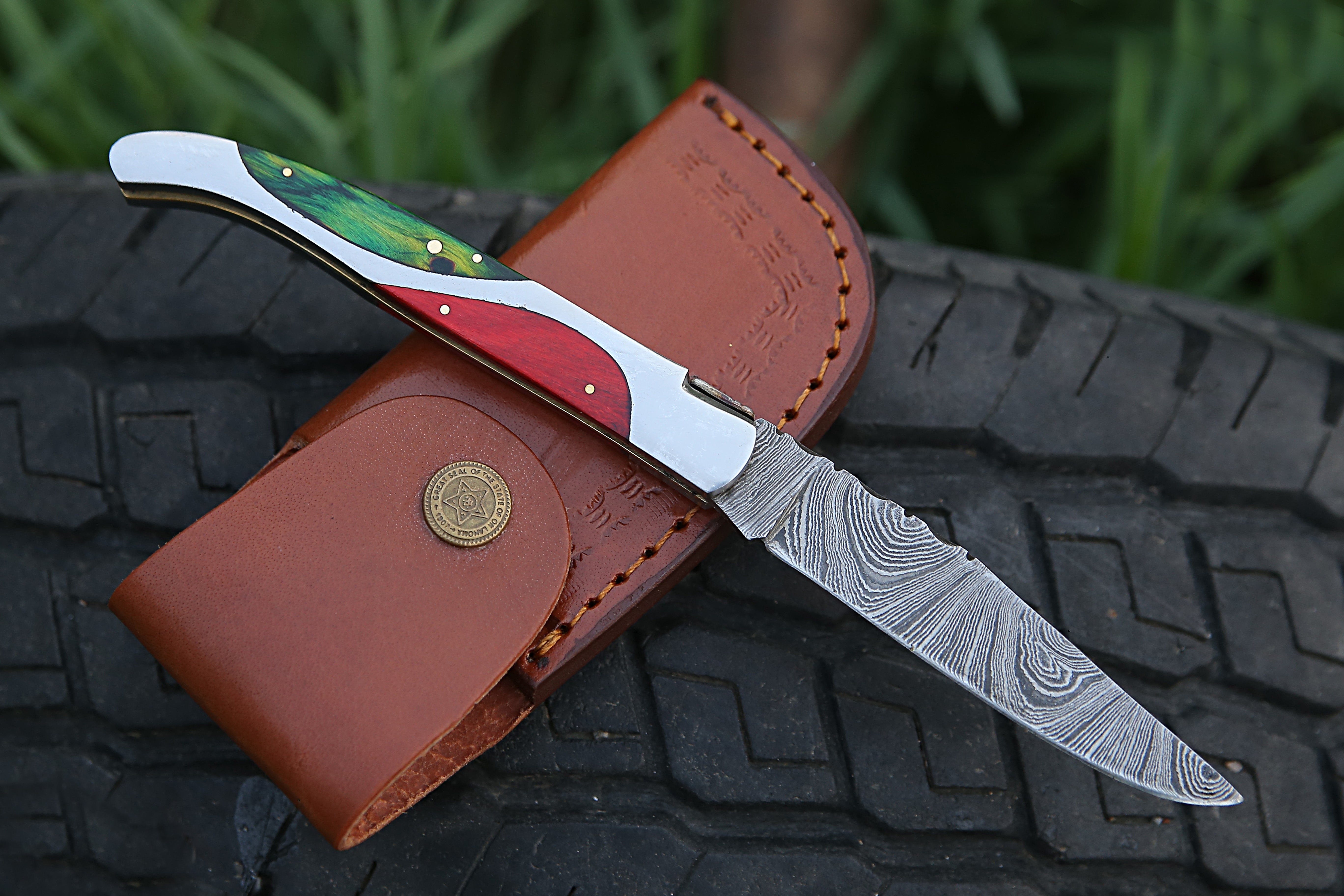High Grade Hand Forged Damascus Folding Knife With Steel Frame Green & Red Pakka wood Handle